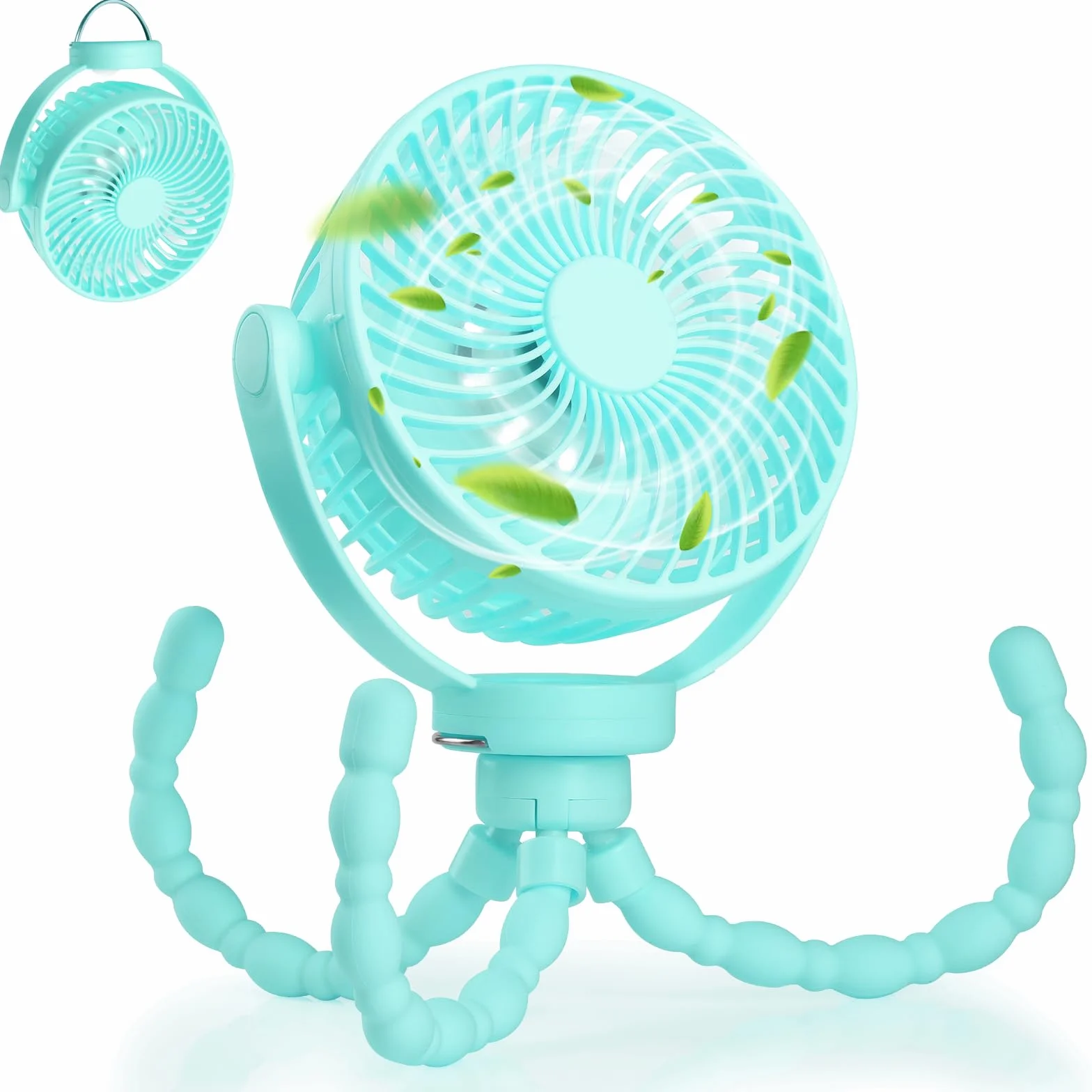 Hianjoo Wentylator do wózka dziecięcego z oświetleniem LED, 5200 mAh, mały wentylator biurkowy, wentylator kempingowy z hakiem wiszącym, obrót o 360°, przenośny, do wielokrotnego ładowania, do namiotu