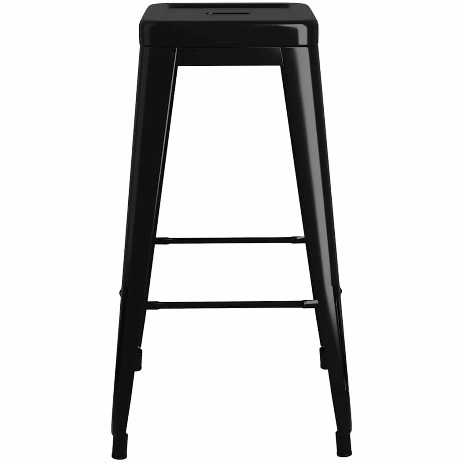 Stołek barowy, czarny, metalowy, można układać w stos, 2 sztuki, 43 x 43 x 77 cm, wytrzymały, z podnóżkiem i drążkiem poprzecznym, do lady, restauracji, na zewnątrz