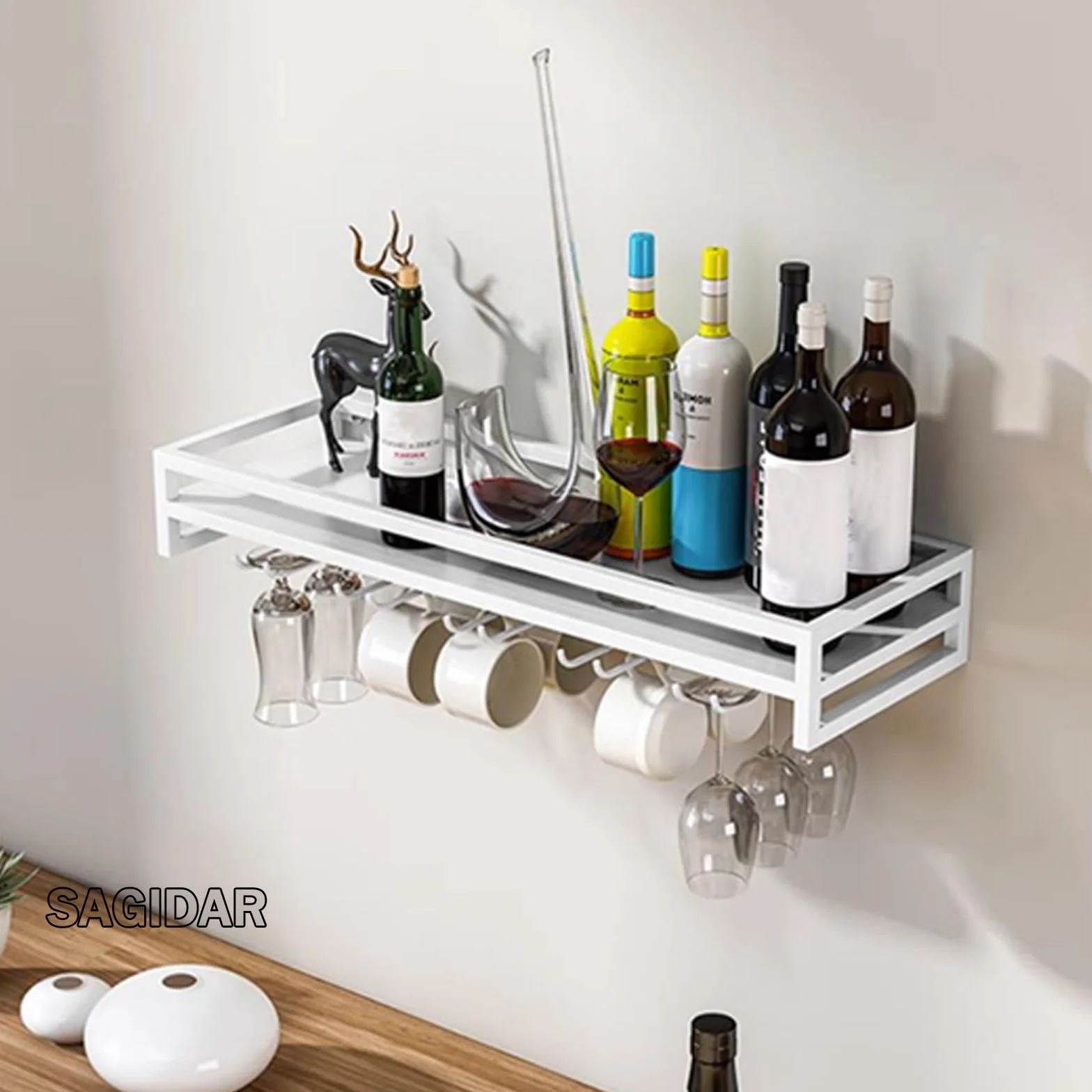 SAGIDAR Naścienny wiszący stojak, stojak na kieliszki 60/80/100 cm, metalowy uchwyt na kieliszki czarny/biały/złoty, wieszak do przechowywania wyrobów szklanych, do kuchni, jadalni, spiżarni