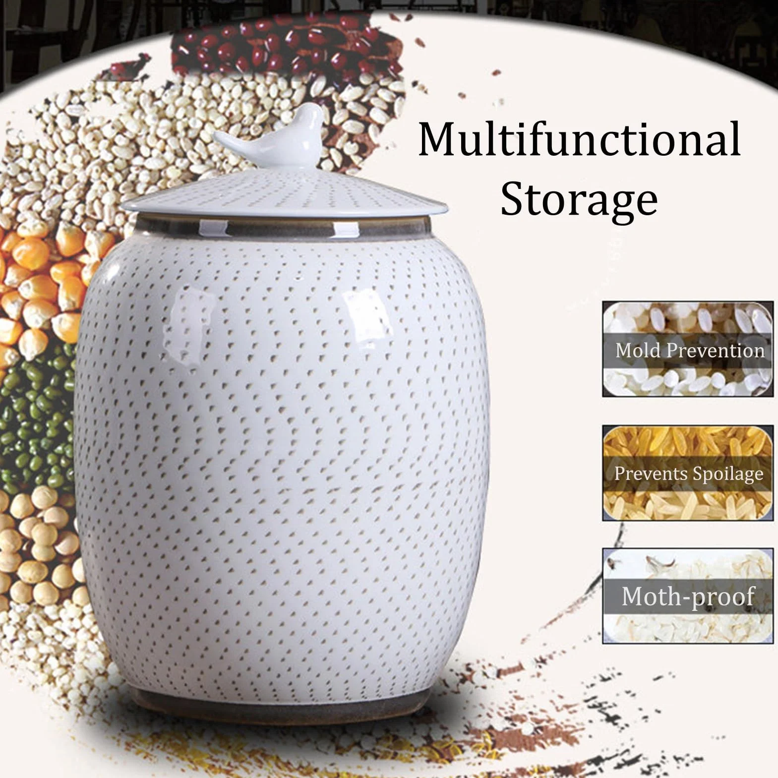 Ceramiczny Storage Container, Pojemnik do przechowywania z Pokrywką, Pojemnik na Musli o Dużej Pojemności do Fasoli, Kukurydzy, Pszenicy, Płatków Owsianych, Pojemnika(Wit,10.2x13.4in/26x34cm)