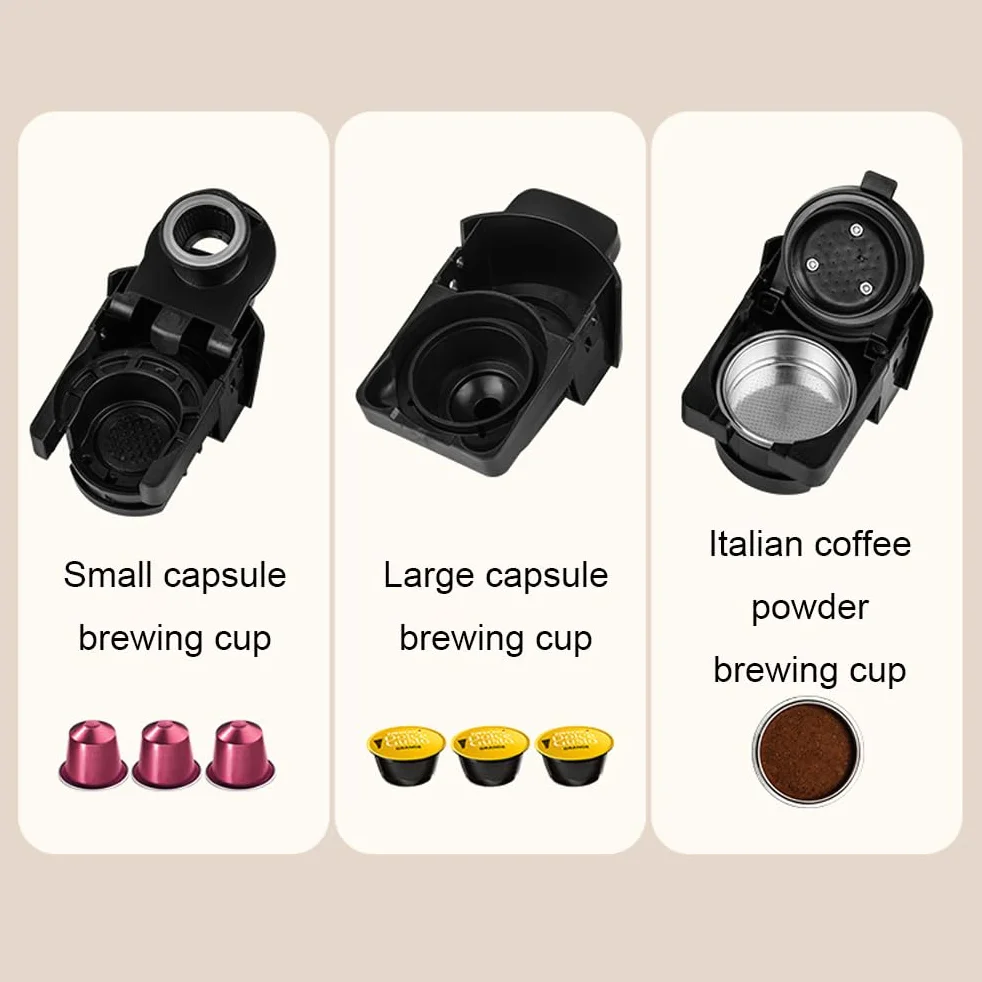 Ekspres na kapsułki ze spieniaczem do mleka, ekspresem do espresso, ciśnieniem 19 barów, mocą i wyjmowanym zbiornikiem na wodę o pojemności 0,6 l na małą i dużą kapsułkę oraz kubkiem