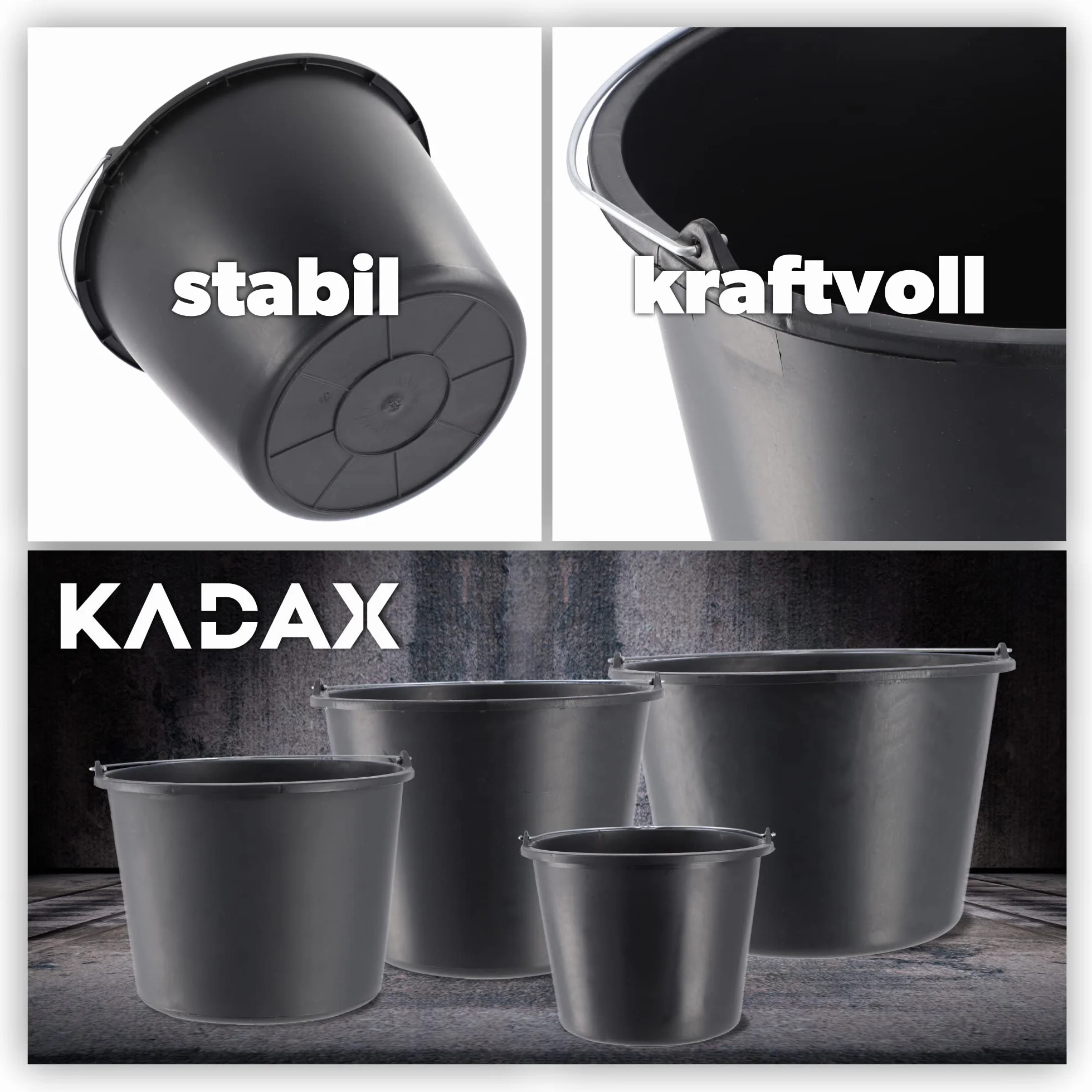KADAX Zestaw 5 szt. wiadra budowlane 12 l, grube ścianki i wzmocniony rant, mocny uchwyt, do mieszania zaprawy oraz przenoszenia wody i gruzu na budowie i w ogrodzie