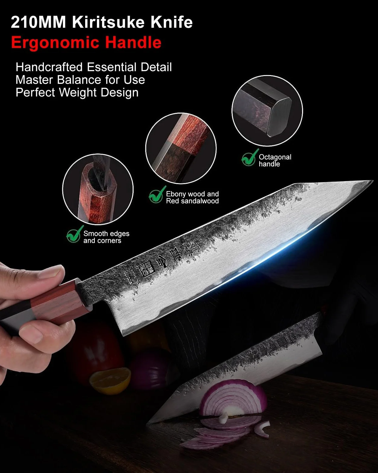 kanngou Japoński nóż szefa kuchni Kiritsuke 21 cm, bardzo ostry nóż kuchenny ze stali AUS-8, z ergonomicznym uchwytem z hebanu i sekwoi oraz pudełkiem prezentowym