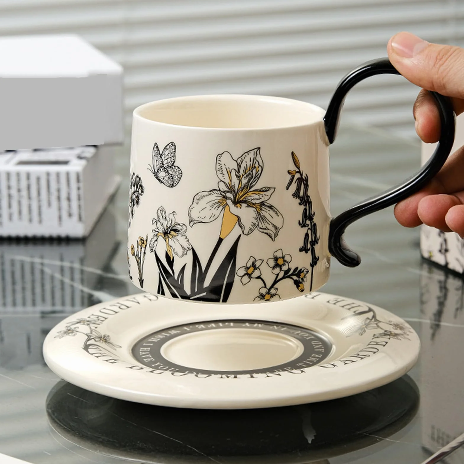 Ceramiczny kubek do kawy 260 ml z podstawkami i łyżeczkami | Ceramiczny kubek do herbaty do kawy lub herbaty do cappuccino mleko czekoladowy sok piwo dom kawiarnia restauracja Anniver