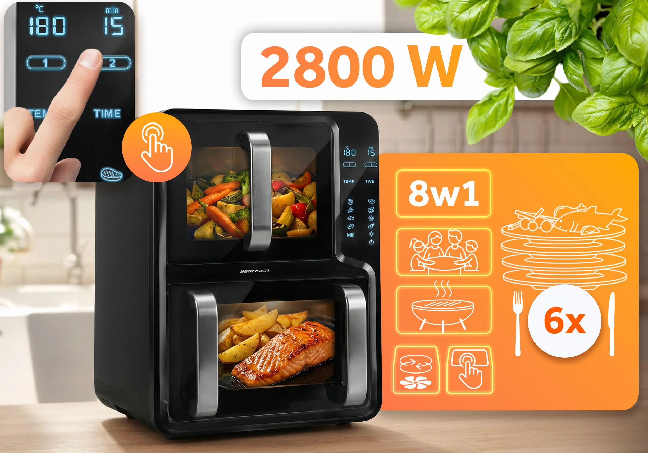 Berdsen Frytkownica Beztłuszczowa Airfryer 12 l Dwukomorowa 2800 W 8 Programów Ekran Dotykowy Czarna