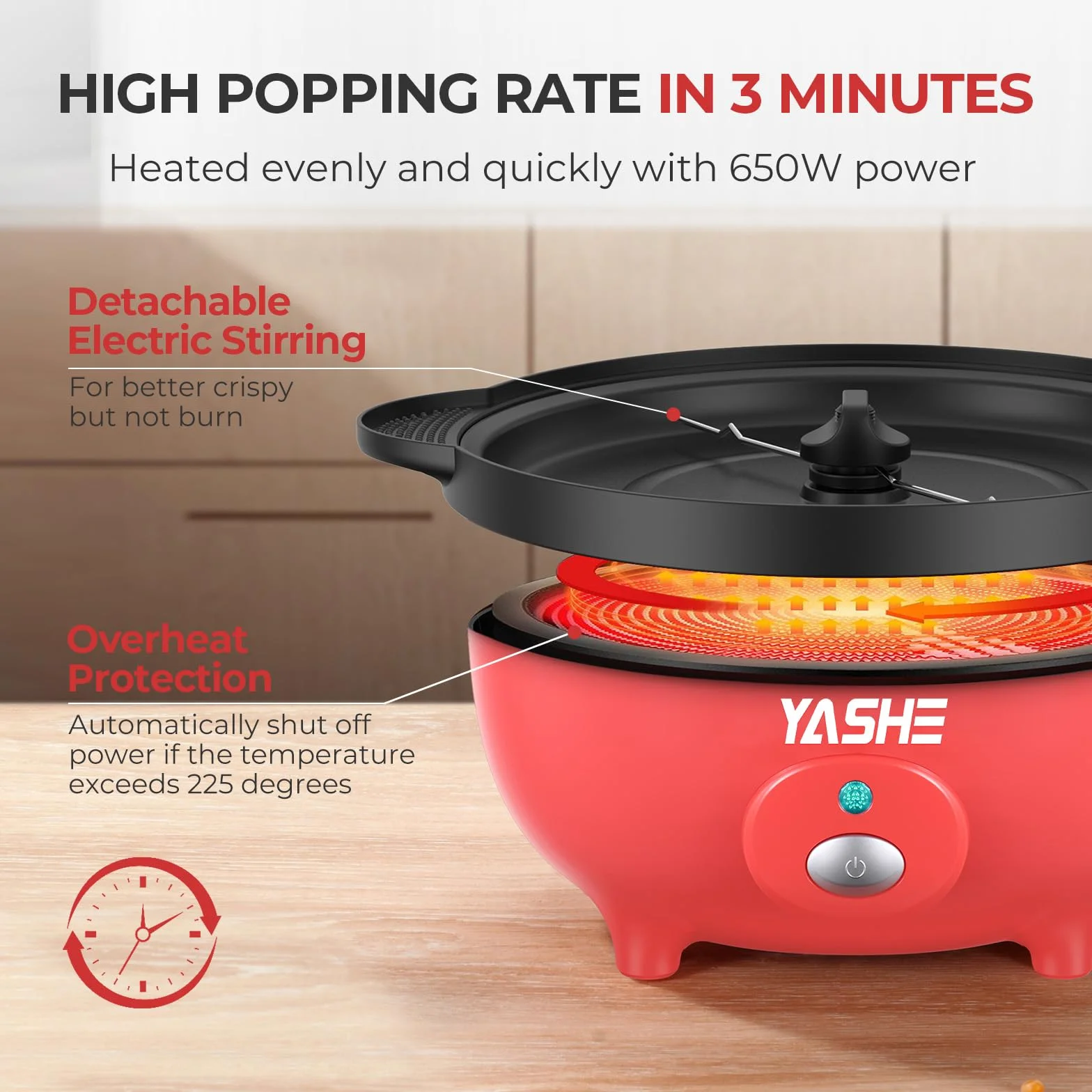 YASHE Maszyna do popcornu, elektryczna maszyna do popcornu z mieszaniem, 650 W, popcorn o pojemności 3 l, powłoka nieprzywierająca