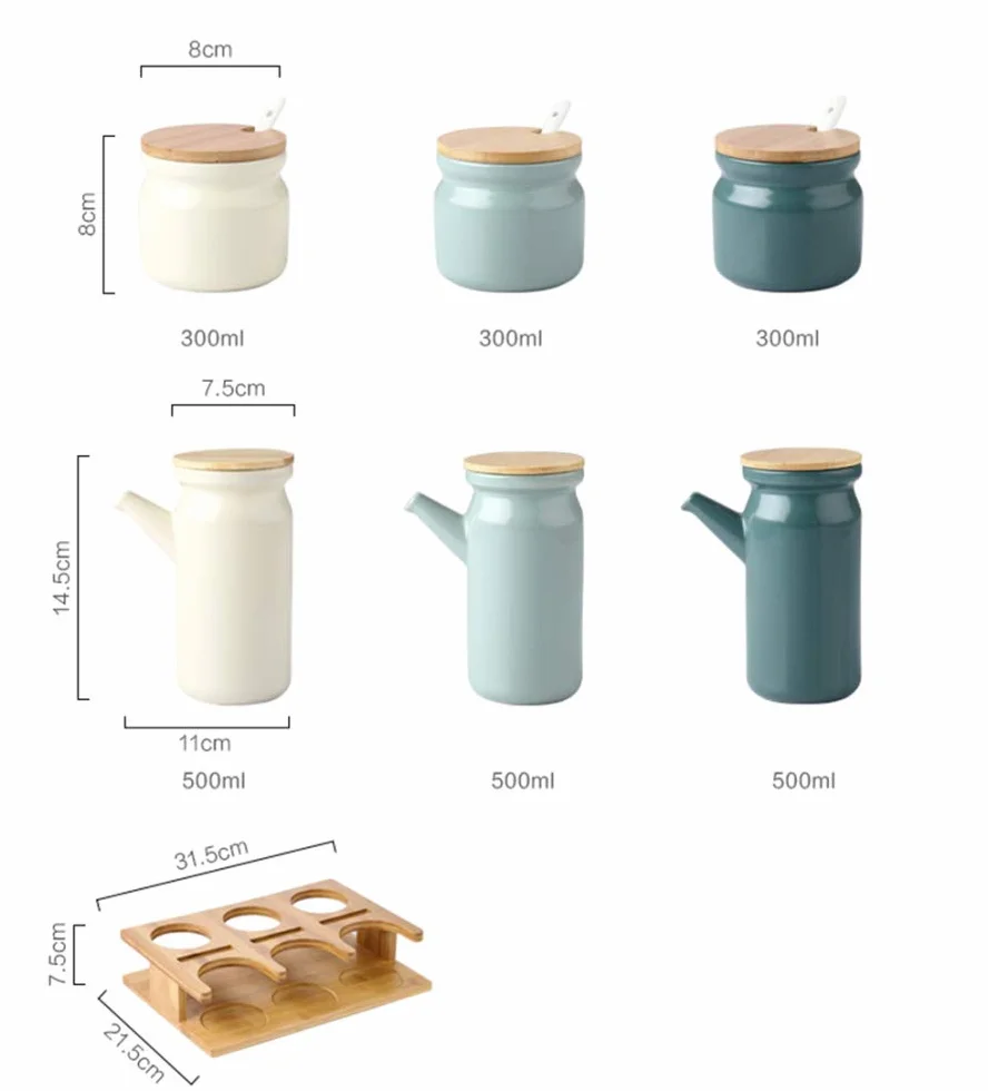 Zestaw puszek na olej, ceramiczna butelka z dozownikiem oleju, butelka 500 ml z dozownikiem sosu sojowego z drewnianą paletą, oliwa z oliwek, sos sojowy, ocet, cruet, płynny dozownik przypraw do