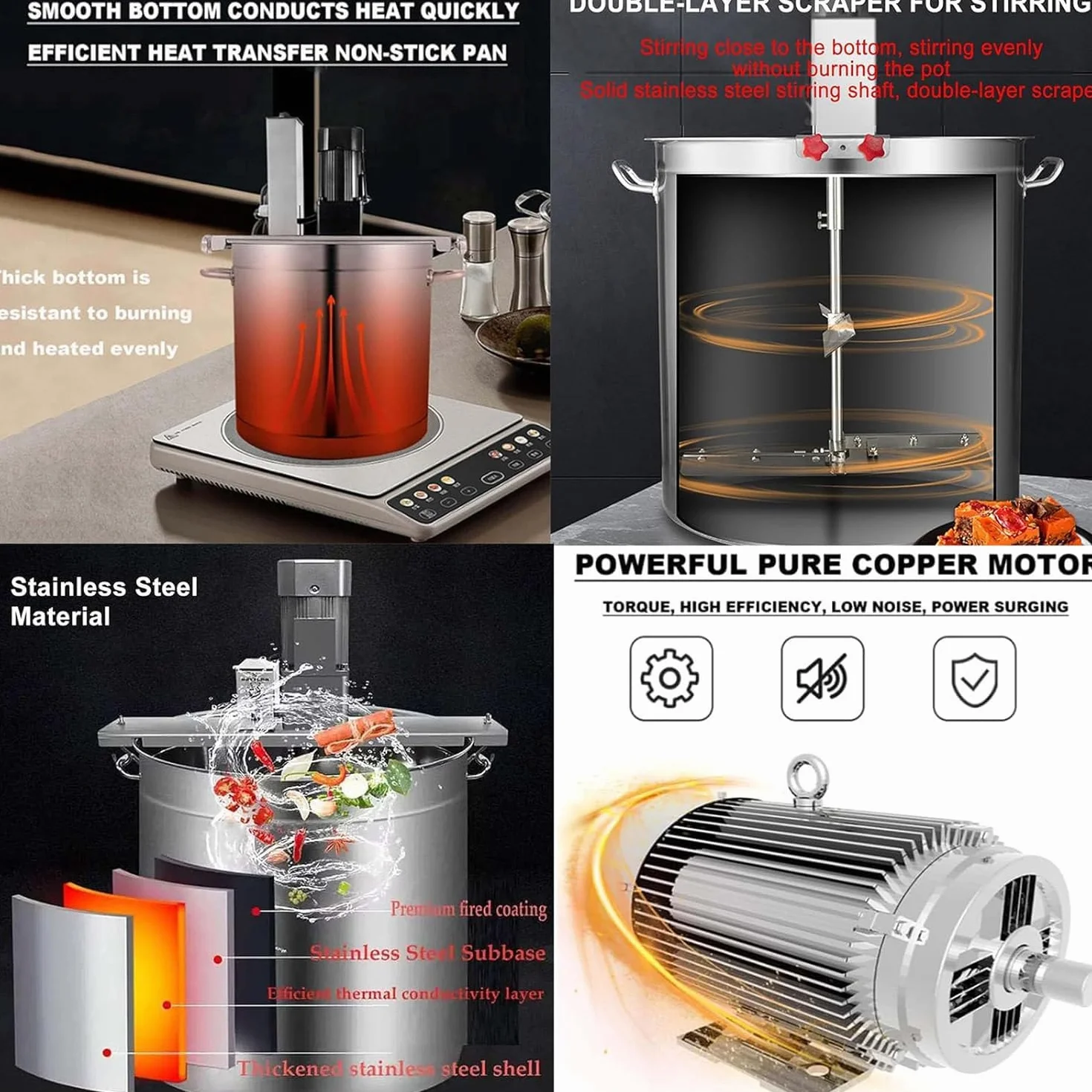 Profesjonalny automatyczny blender ze stali nierdzewnej 40 l, 80 l, garnek do mieszania z drzewem i 4 skrobaczkami do zup, sosów przyprawowych, napojów, dżemów, owsianki