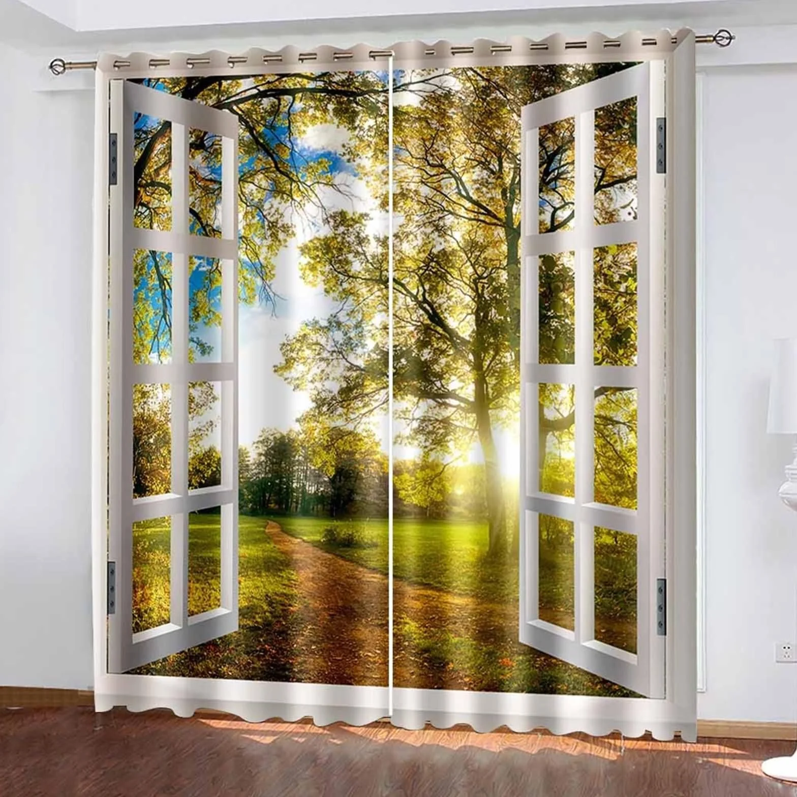 Zestaw zasłon do salonu, zasłona zaciemniająca biały żółty zielony rama okienna ze słonecznym ogrodem leśnym krajobraz poliester zestaw 2 sztuk 214 x 160 cm