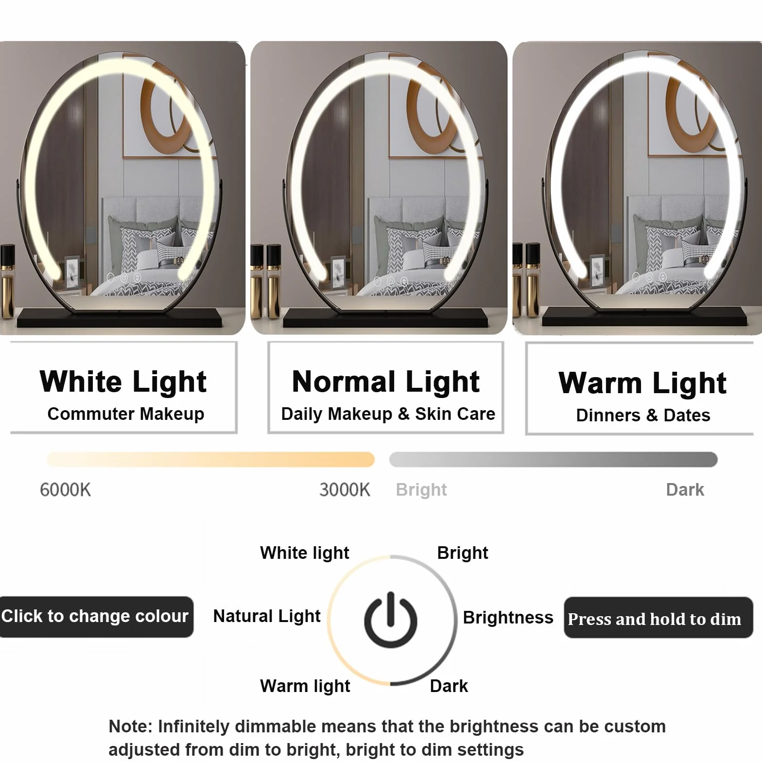Led Vanity Mirror, Podświetlane Lustro, Blat Stołu Do Makijażu, Okrągłe 360 ° Obrót Lusterko Do Makijażu Ekran Dotykowy Lusterko Kosmetyczne Ze ściemnianiem (φ600mm, Biały)(Size:60cm,Color:Złoty)