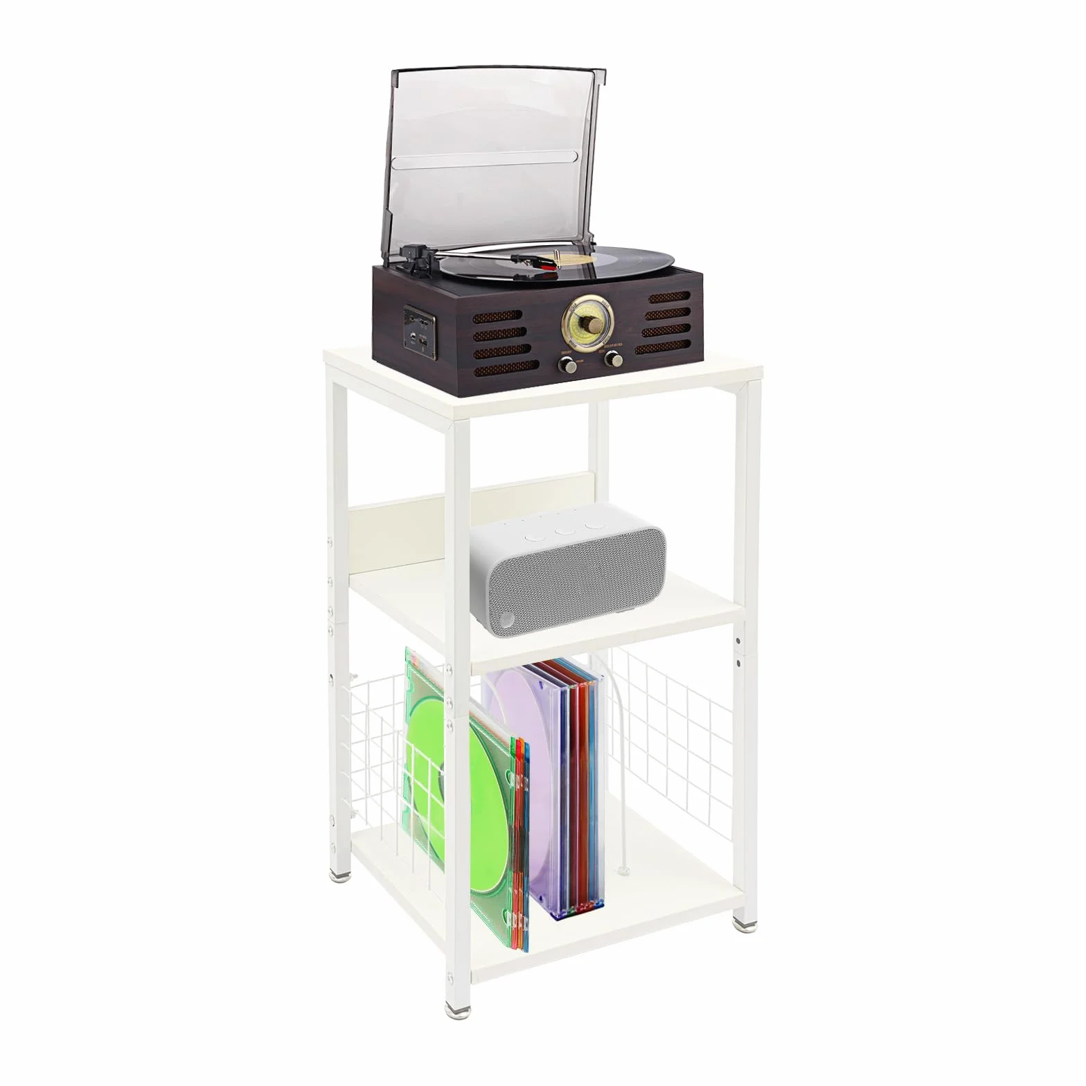 3-poziomowy uchwyt na gramofon, stół do odtwarzacza dysków, przechowywanie płyt winylowych do 100 albumów, maks. obciążenie 45 kg, stojak na płyty do salonu, sypialni, biura (biały)