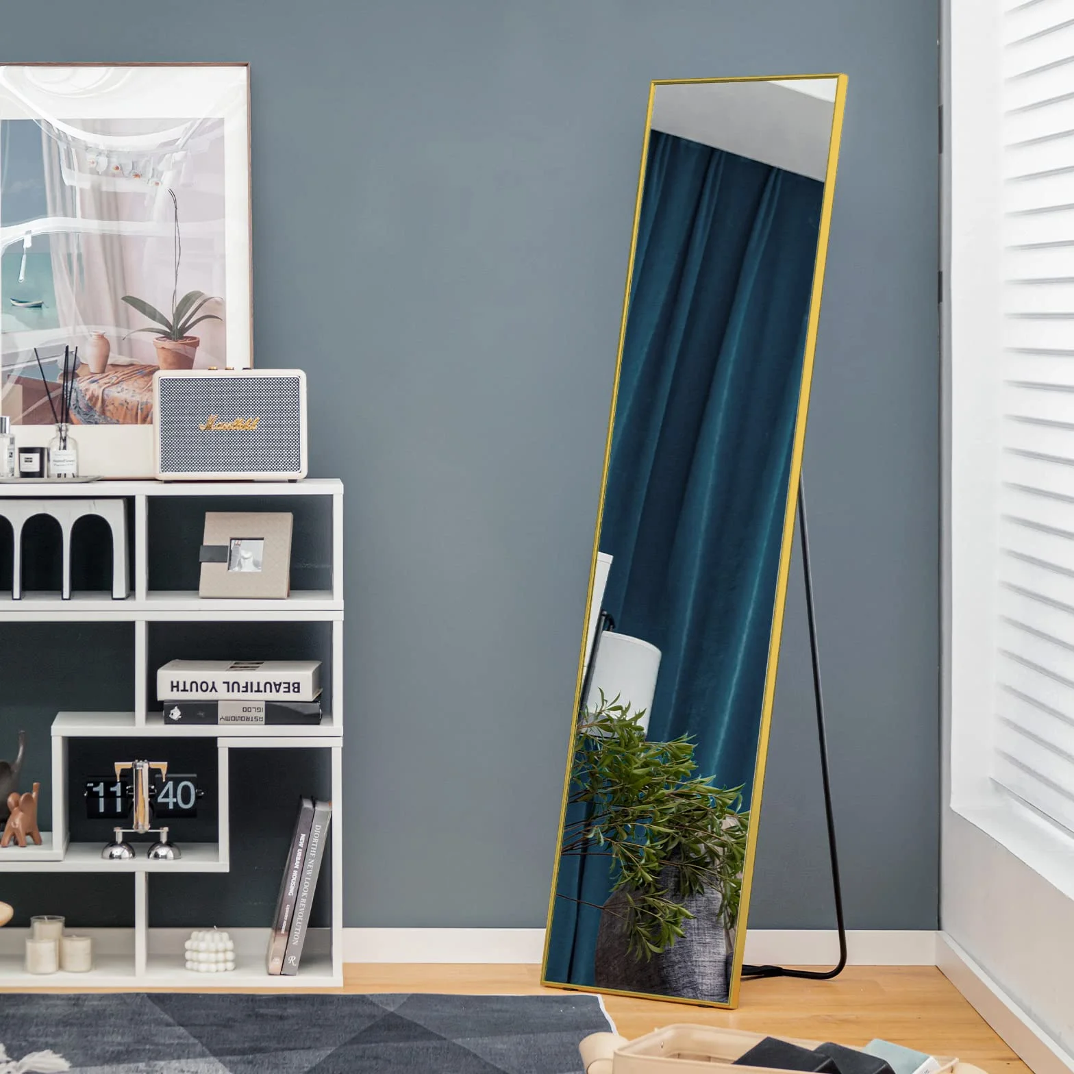 COSTWAY Lustro stojące i ścienne 2 w 1, 160 x 40 cm, do garderoby, do sypialni, salonu i wejścia (kolor złoty)