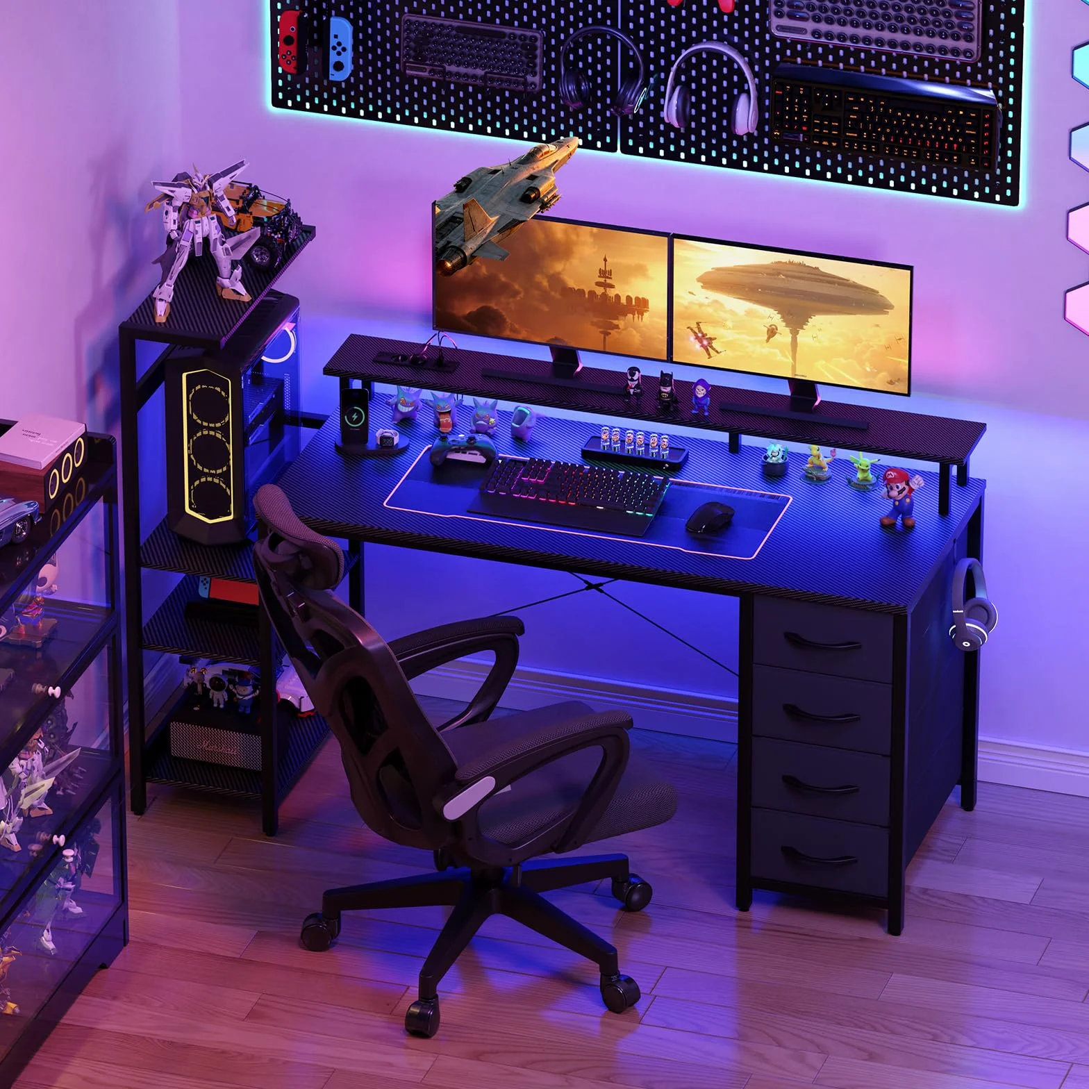 YOUDENOVA Biurko gamingowe 130 x 50 cm, stół gamingowy z oświetleniem LED i gniazdkiem, biurko komputerowe z szufladami, włókno węglowe, czarne