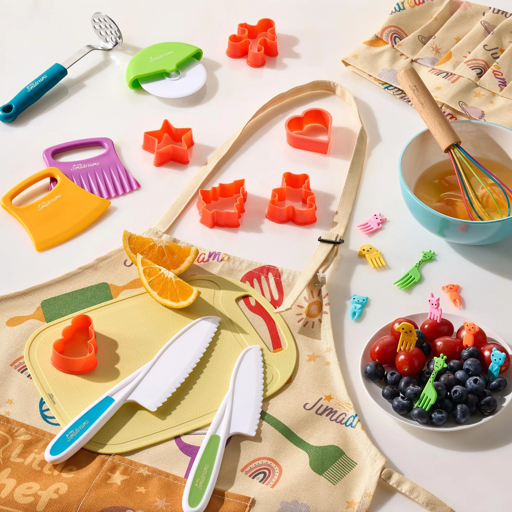 Montessori Nóż dla dzieci & Zestaw do pieczenia - 26 elementów Prawdziwe przybory kuchenne i Zestaw do krojenia - Bezpieczny Zestaw noży i Fartuch - Prezent dla Małego kucharza 3-12 lat