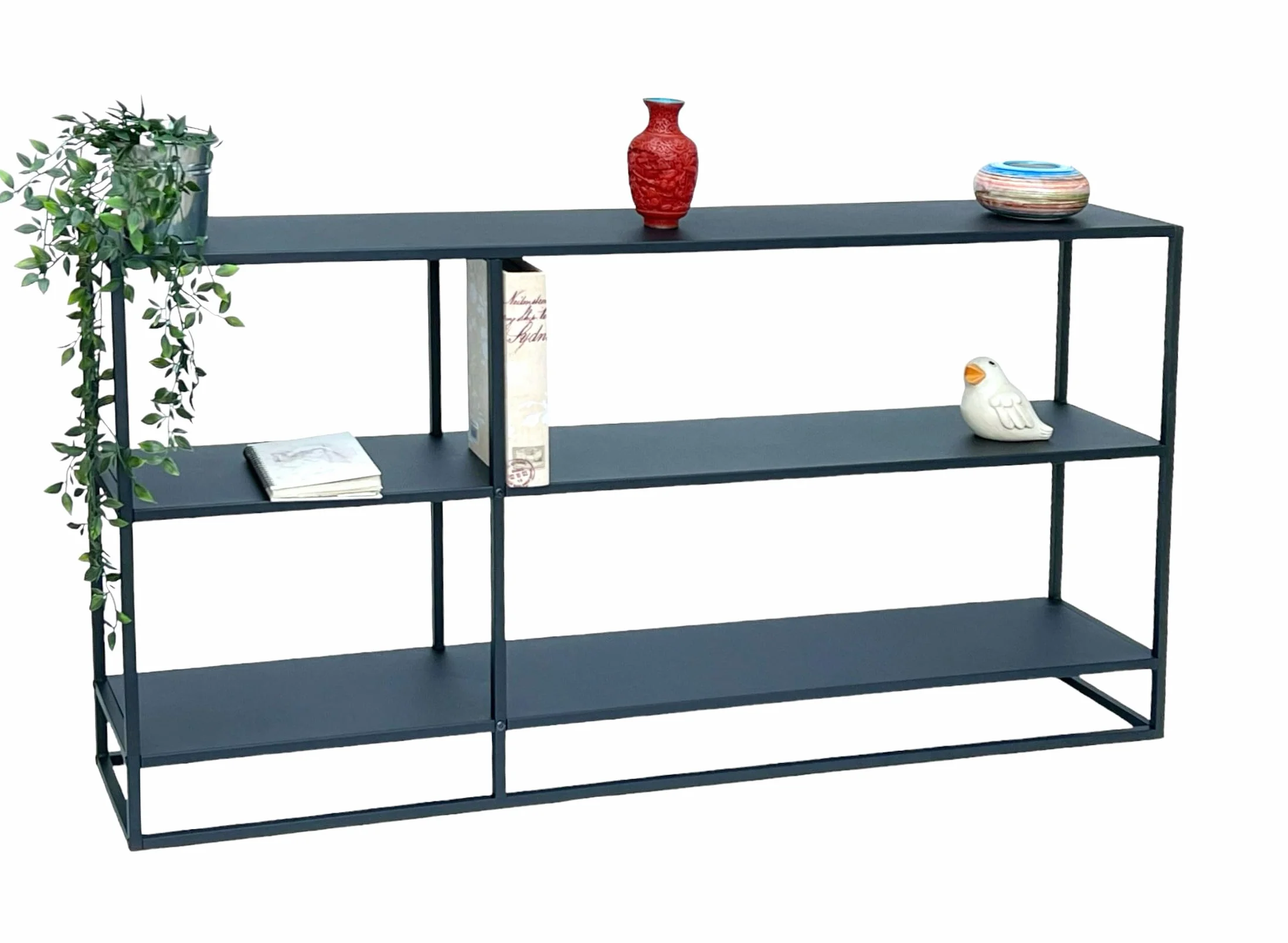 DanDiBo Stolik konsolowy, wąski, metalowy, czarny, z 3 poziomami, nowoczesny, 140 x 70 x 25 cm, regał stojący, regał stojący 96471, metalowy regał z półką