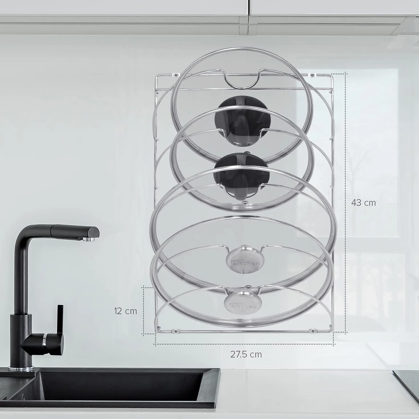 Joeji's Kitchen Uchwyt na pokrywkę do patelni z 5 przegródkami na drzwi szafy, mocny klej, bez wiercenia, duży organizer do szafki lub ściany, stojak do przechowywania pokrywek do garnków