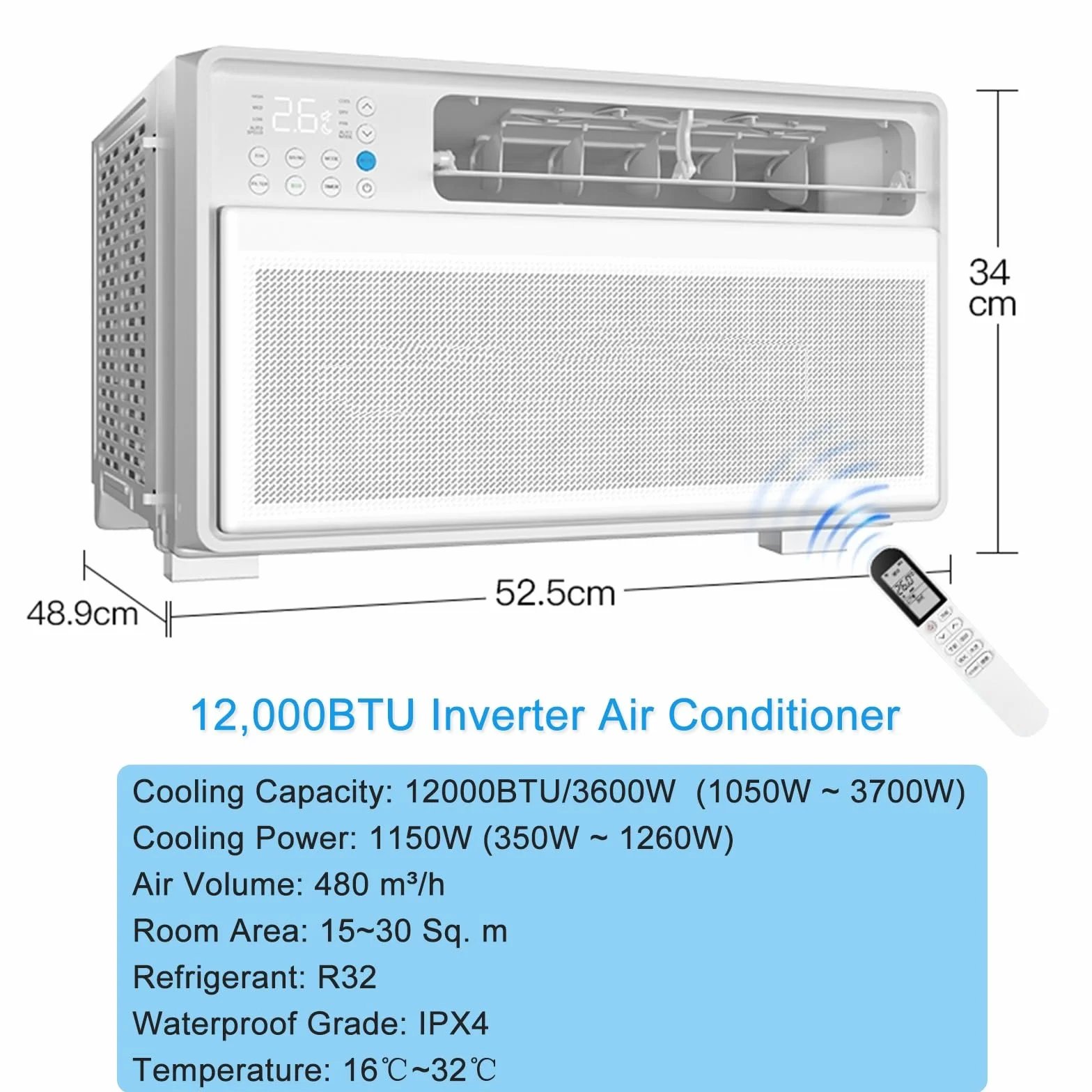 Klimatyzator Okienny, Energooszczędny Klimatyzator Inwerterowy, Klimatyzator Okienny Z Pilotem I Regulowanym Termostatem, Chłodzi do 20m², Synchronizacja 24-godzinna, Wyświetlacz Cyfrowy, Cicha Praca
