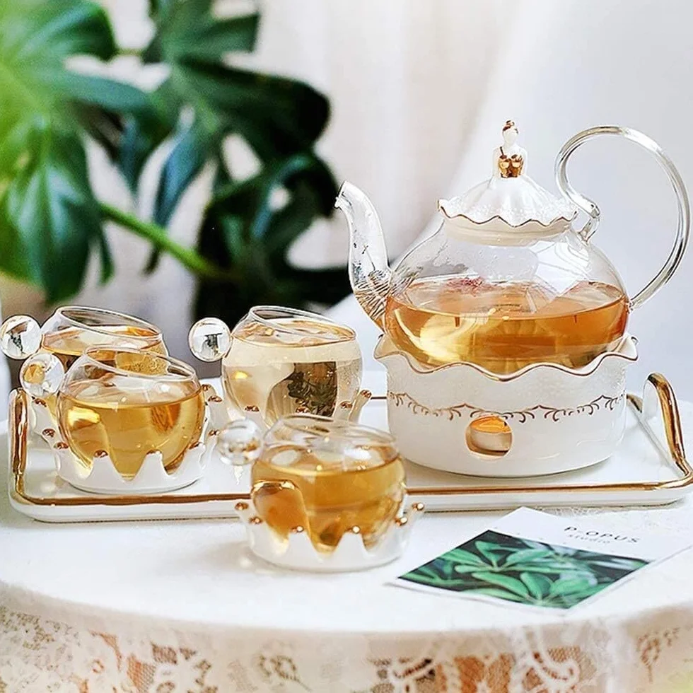 Serwis Do Kawy Na Przyjęcie Zestaw Herbaty Czajniczek Owocowy Z Podgrzewacz Do Świec Filiżanka Spodki Taca Europejska Popołudniowa Herbata Porcelanowa Kwiatowa Filiżanek Domu Popołudniowa