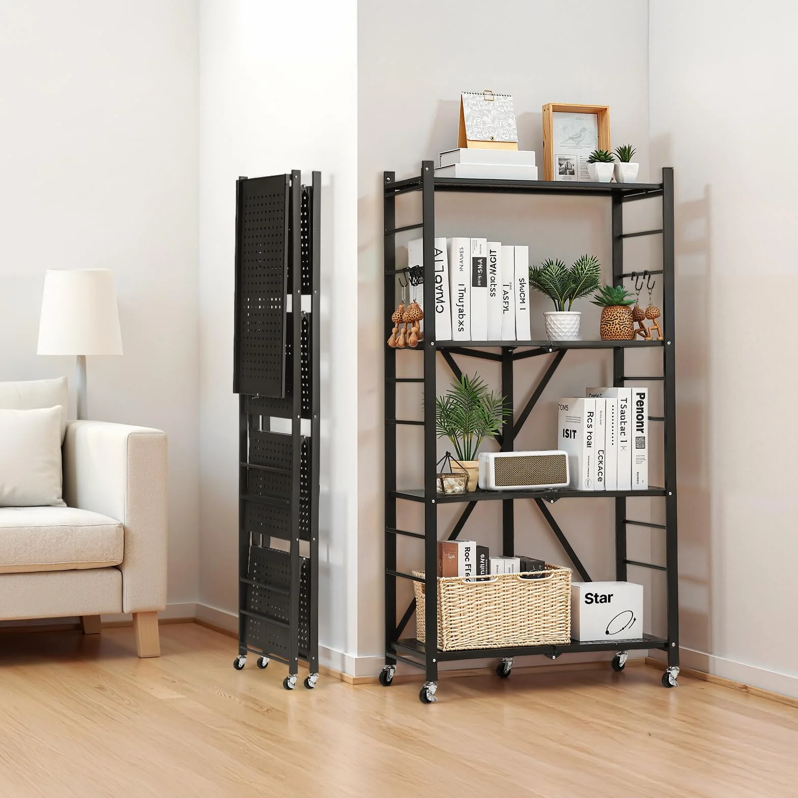VEVOR 4-poziomowy składany regał do przechowywania, 61 szer. x 30 cm x 137 cm, składany, metalowy, wytrzymały, bez montażu, organizer z 5 kółkami i 4 haczykami, do spiżarni, kuchni, garażu, piwnicy