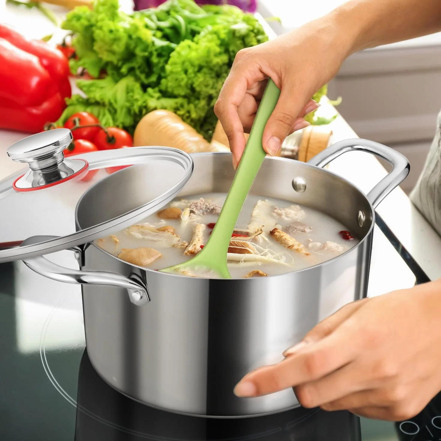 WXFKLDJ Garnek o pojemności 5 kwart z pokrywką, garnek ze stali nierdzewnej 18/10 Metalowy garnek do zupy makaronowej o trójwarstwowej konstrukcji, kompatybilny z urządzeniami elektrycznymi
