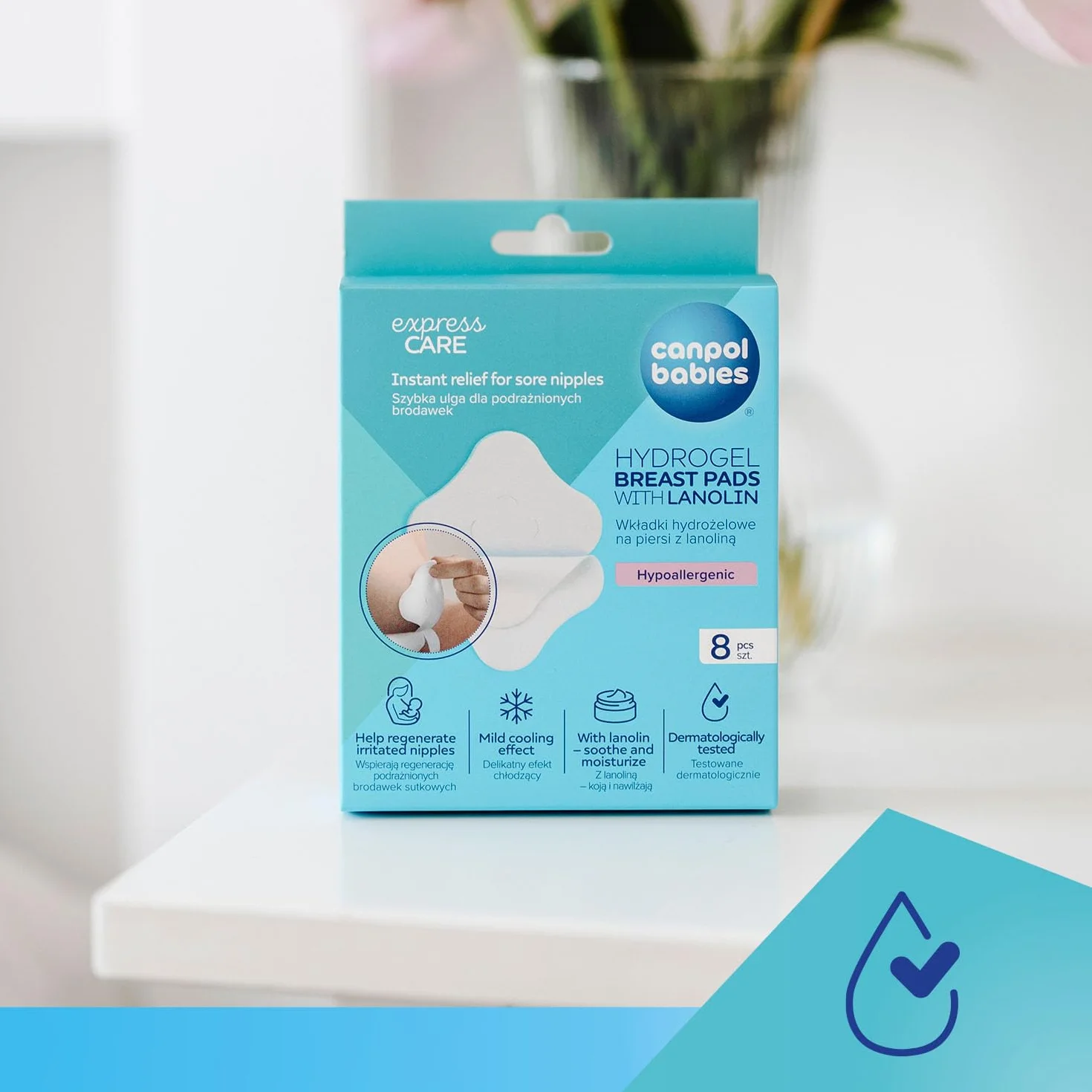 Canpol babies Kojące kompresy wkładki hydrożelowe na piersi z lanoliną 8szt, Delikatny efekt chłodzący, Wspierają regenerację skóry podrażnionych piersi, Testowane dermatologicznie.