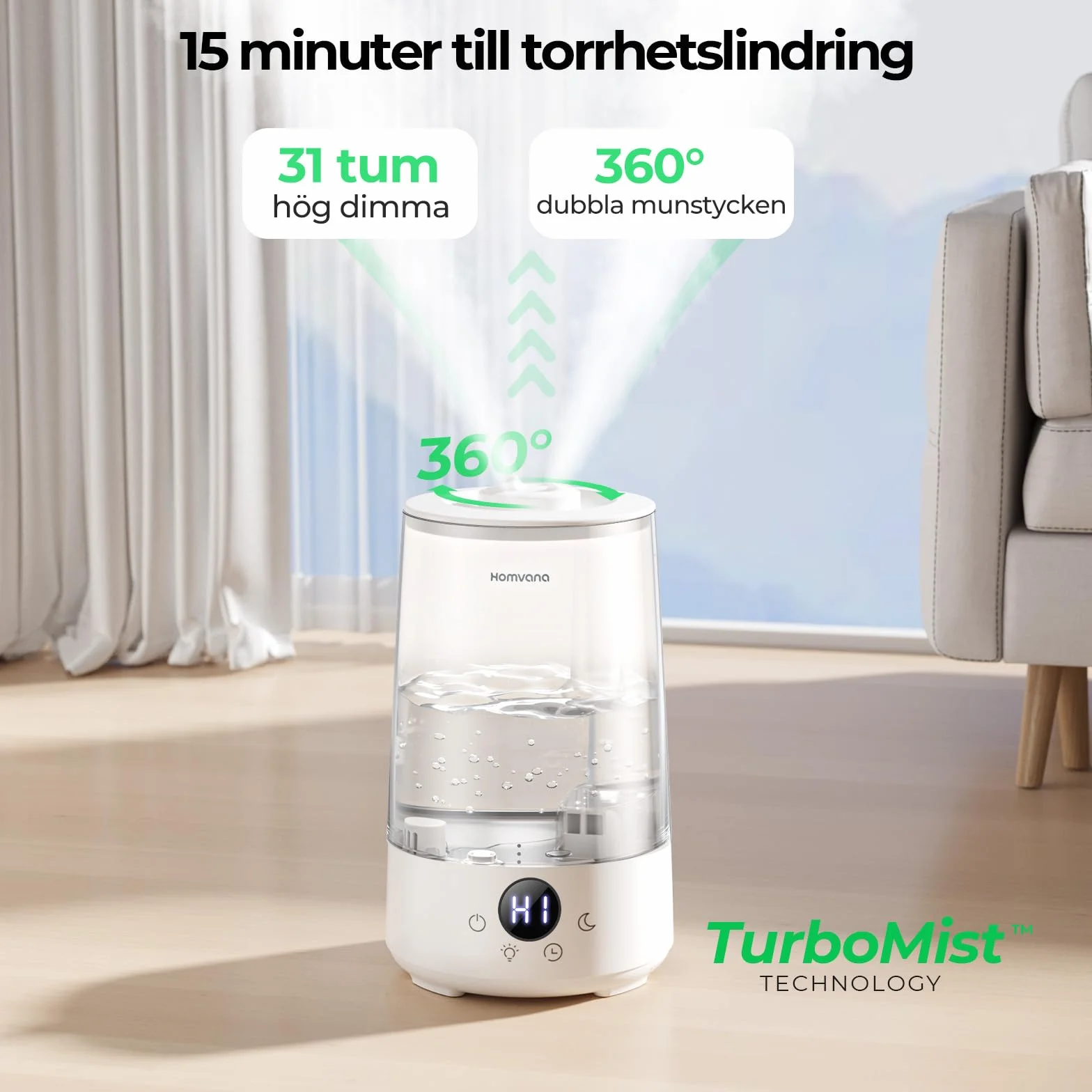 Homvana Top-Fill nawilżacz powietrza do sypialni, 3,6 l, 360 stopni, zimna mgła, 34 godziny, trwały, cichy 16 dB, mały dyfuzor olejków eterycznych