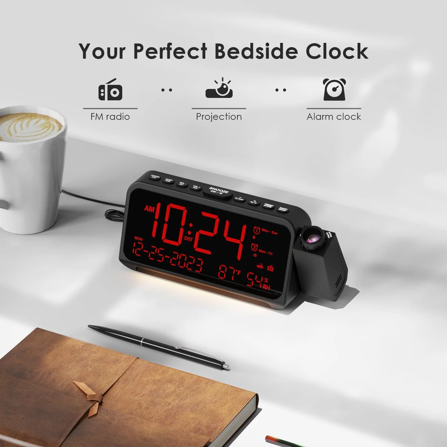 Budzik z projekcją dla sypialni, zegar z projekcją z 5 trybami przyciemnienia, nocne światło, tryb weekendowy/dni roboczych, ładowarka Typ C/USB, 12/24H/DST, drzemka, zapasowe zasilanie bateryjne