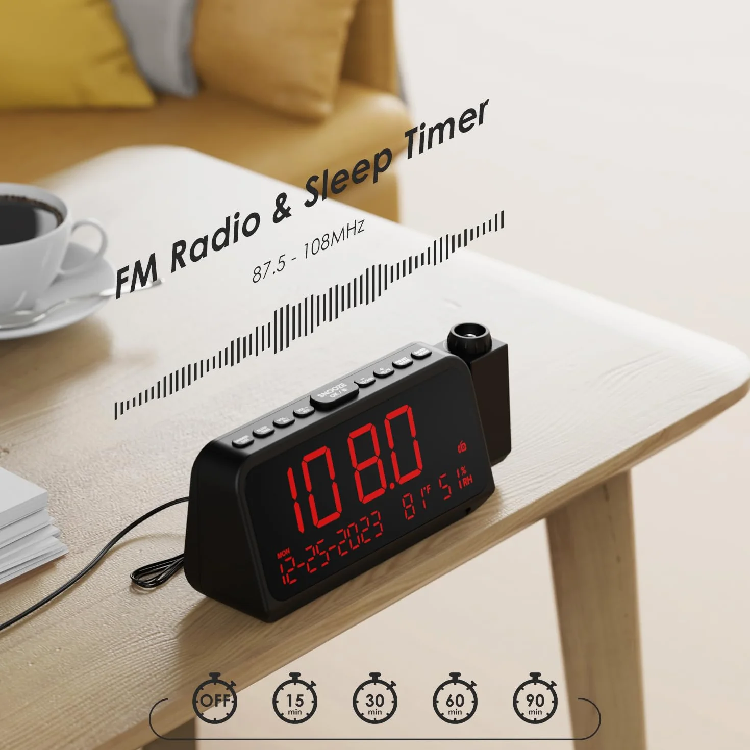 Budzik z projekcją dla sypialni, zegar z projekcją z 5 trybami przyciemnienia, nocne światło, tryb weekendowy/dni roboczych, ładowarka Typ C/USB, 12/24H/DST, drzemka, zapasowe zasilanie bateryjne