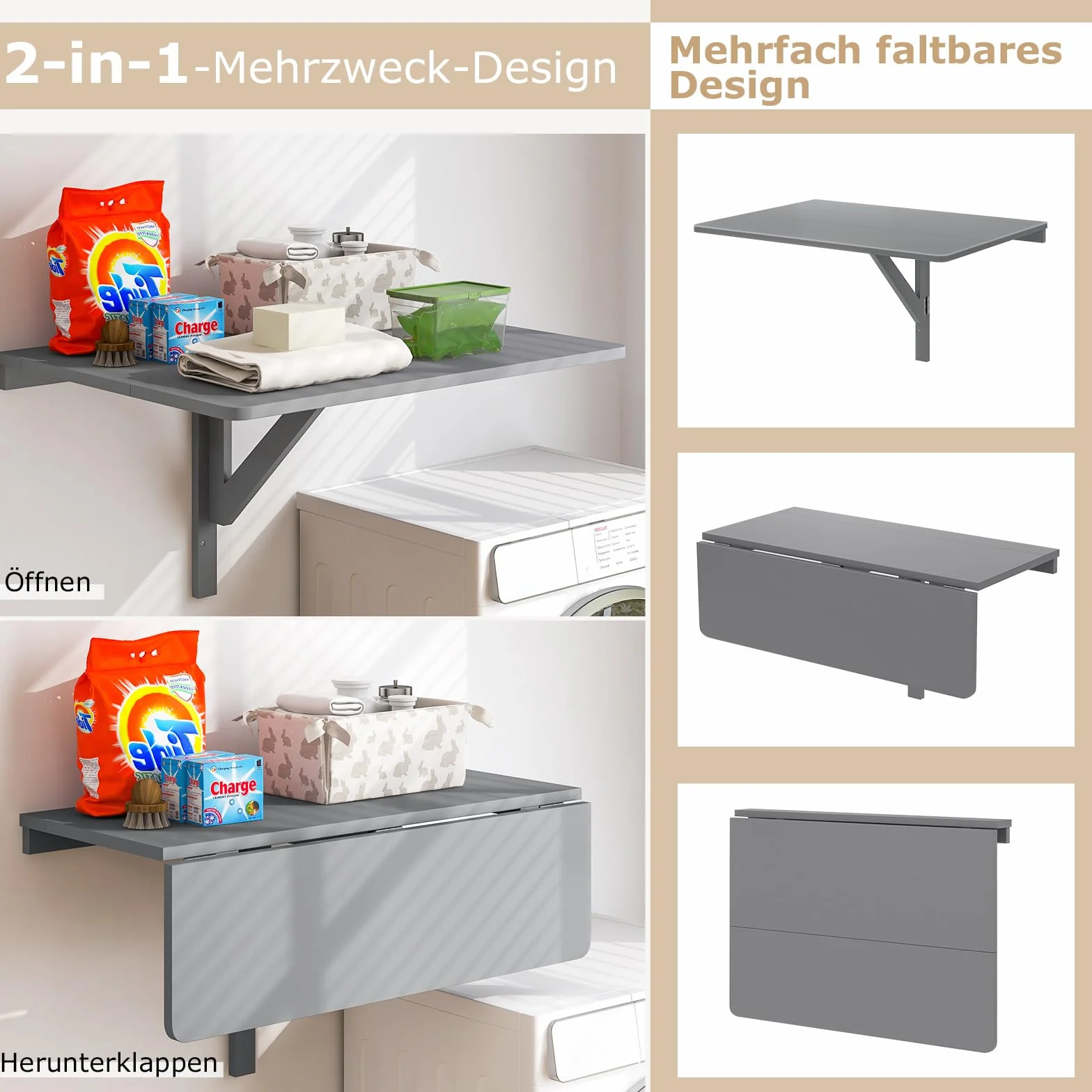 COSTWAY Składany stół ścienny 80x60 cm szary do kuchni jadalni gabinetu