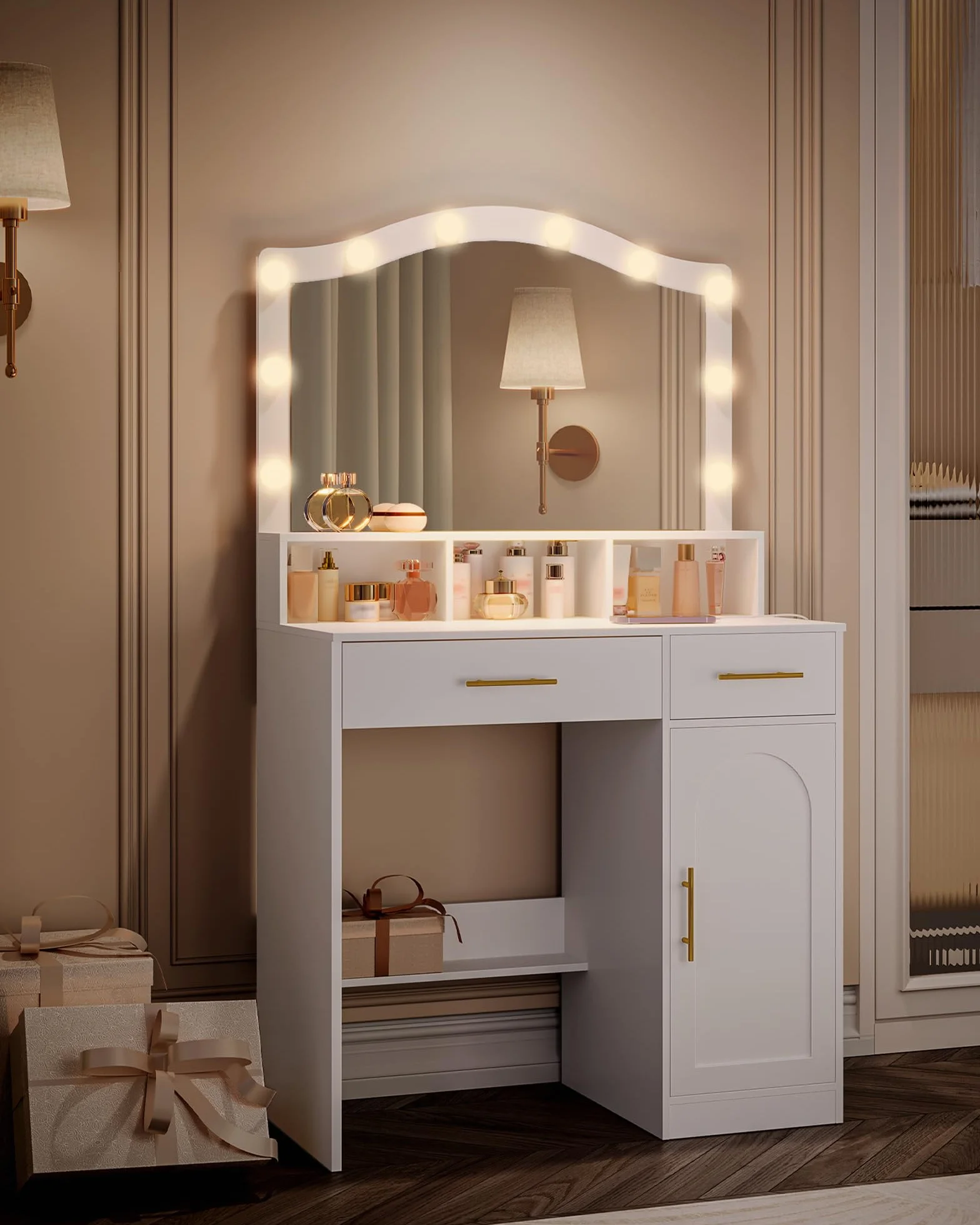 Hzuaneri Vanity, DużE Lustro Hd, 3-Kolorowe Regulowane śWiatłA Led, Ze Stacją łAdująCą, 2 Gniazdami Ac I 2 Portami Usb, 2 Szufladami I 1 Szafką Do Przechowywania, BiałO-ZłOta DT361HDT