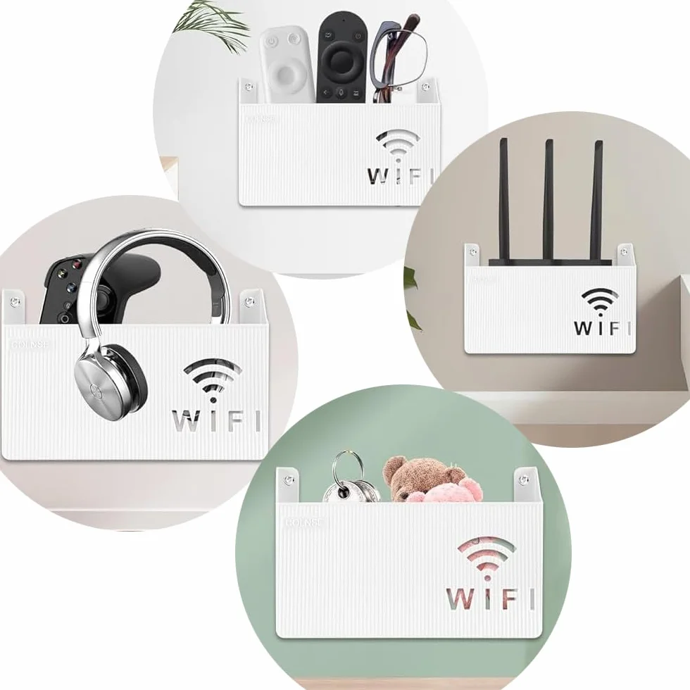Naścienny pojemnik do przechowywania routera WiFi, biały, wentylowana półka z tworzywa ABS, organizer na routery, dekoder i konsolę do gier, ukryty tłumik kabli ze śrubami rozporowymi, oszczędność