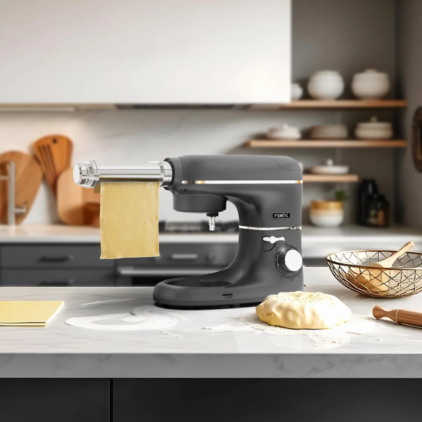 Młynek do ciasta z maszynką do makaronu – 2000W – mieszarka z maszynką do makaronu elektryczna – pasta maker - 6,2L stalowa misa do mieszania (szary)
