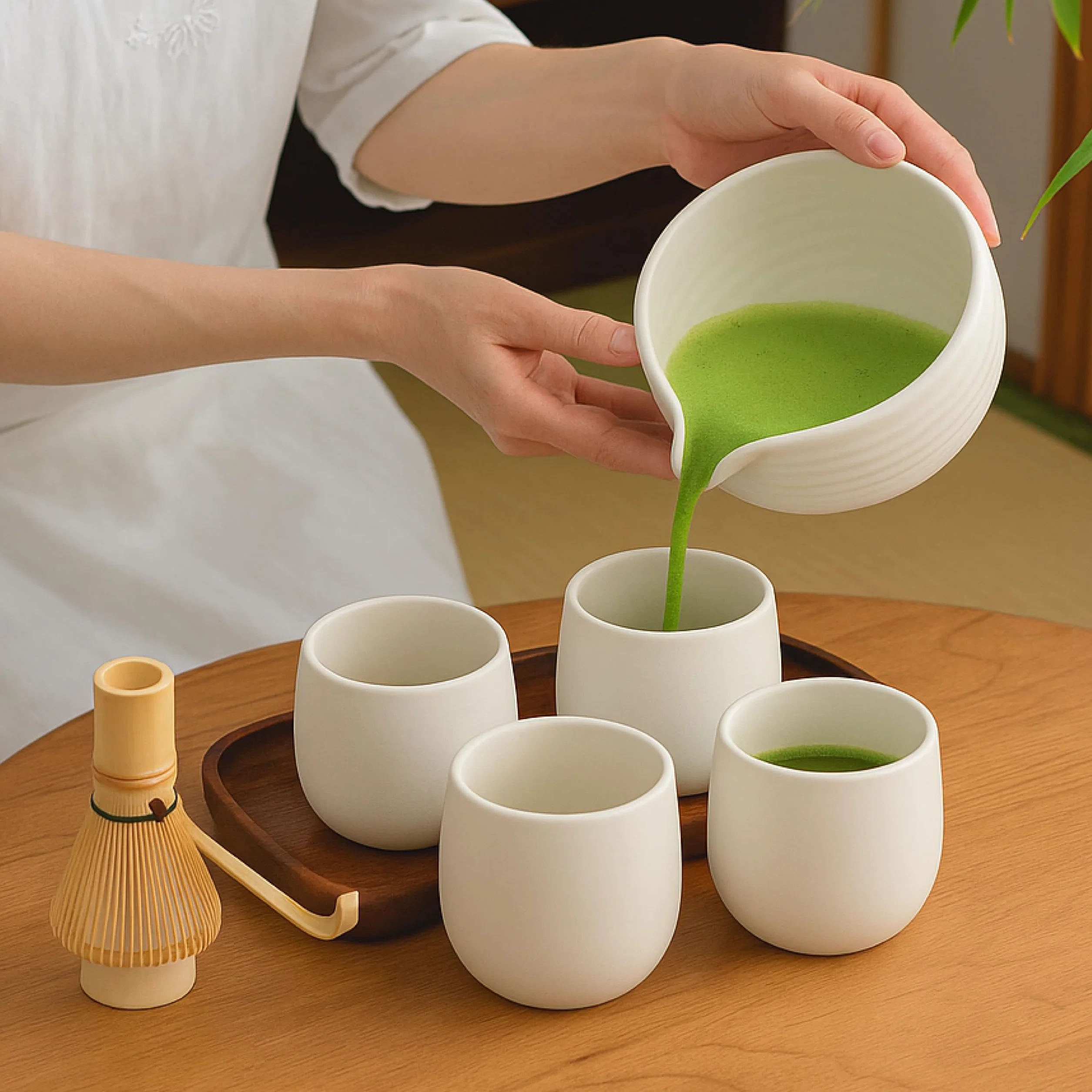Goodwei Zestaw 4 japońskich filiżanek – Kubki ceramiczne bez ucha, okrągły kształt i minimalistyczny design – Idealne do herbaty, matchy lub kawy (Camellia White)