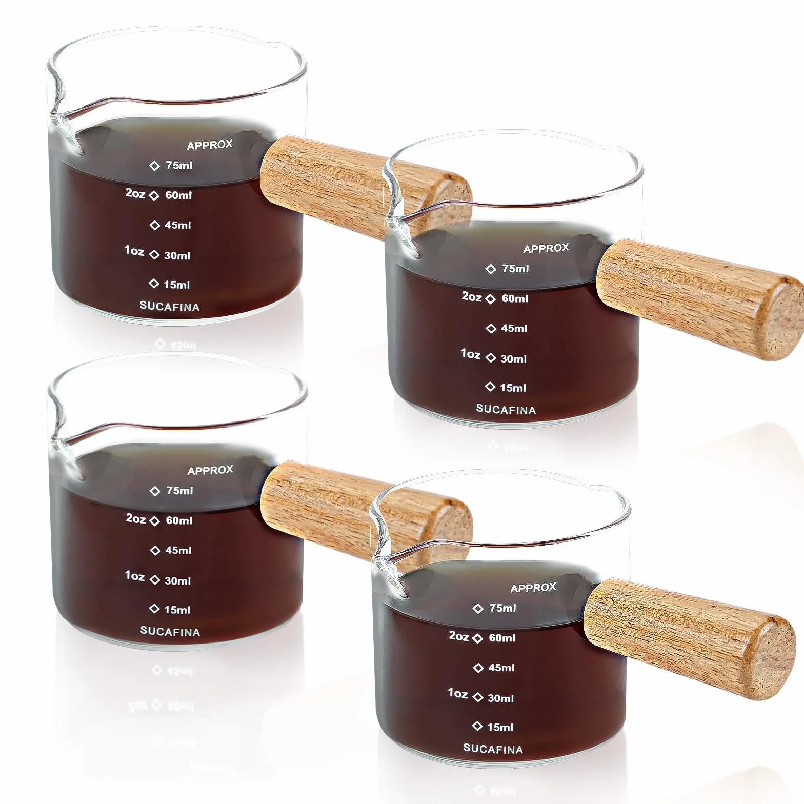 4 sztuki filiżanek do espresso z drewnianym uchwytem, szklana szklanka pomiarowa z podwójnym odpływem i podwójną skalą, szklanki do espresso, akcesoria do espresso, filiżanki z odpływem w kształcie V