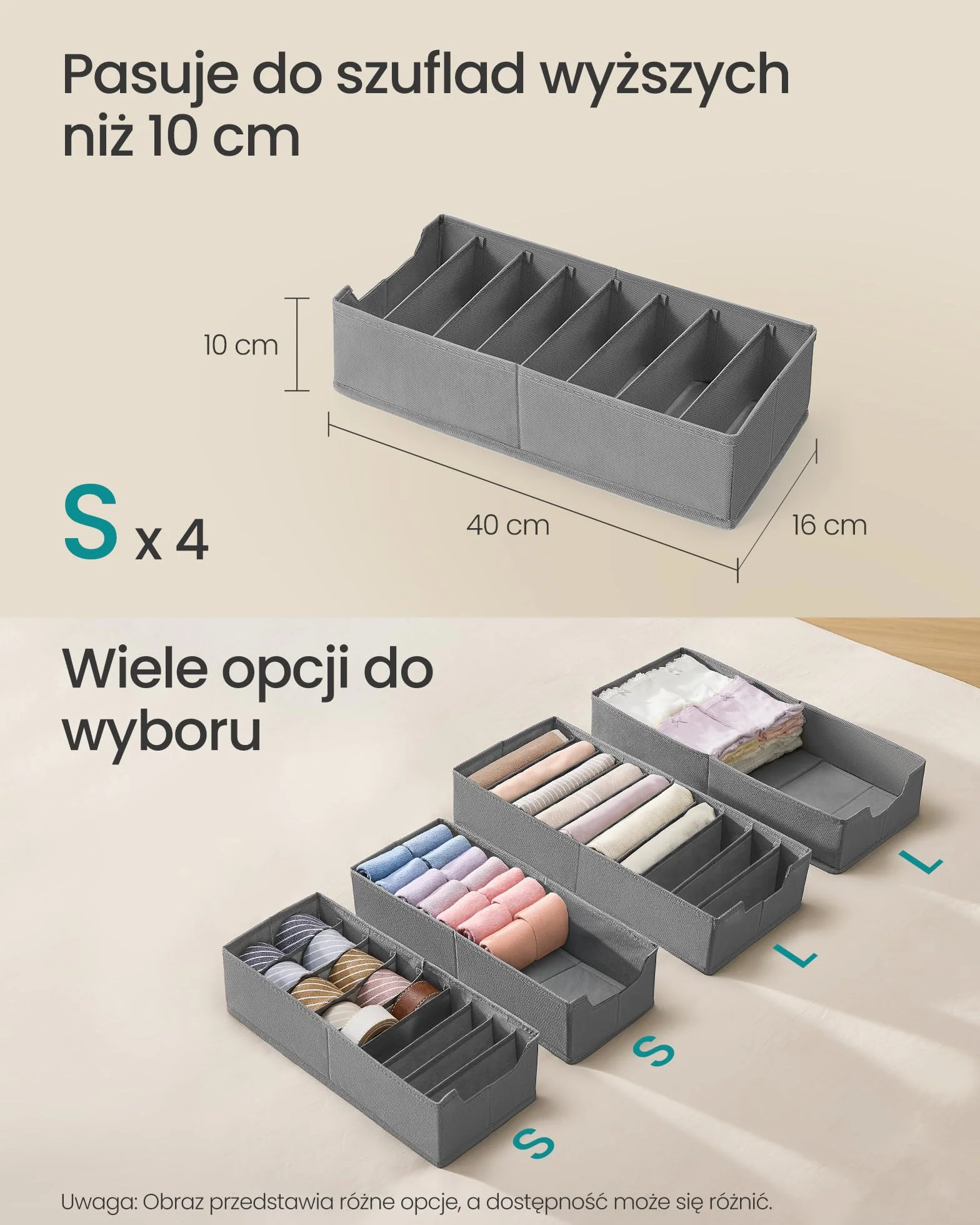 SONGMICS Zestaw 4 organizerów na bieliznę, organizer do szuflady do komód IKEA HEMNES i MALM, z przegródkami, składany organizer do szafy, 40 x 16 x 10 cm na skarpetki, gołębi szary RUS014G01