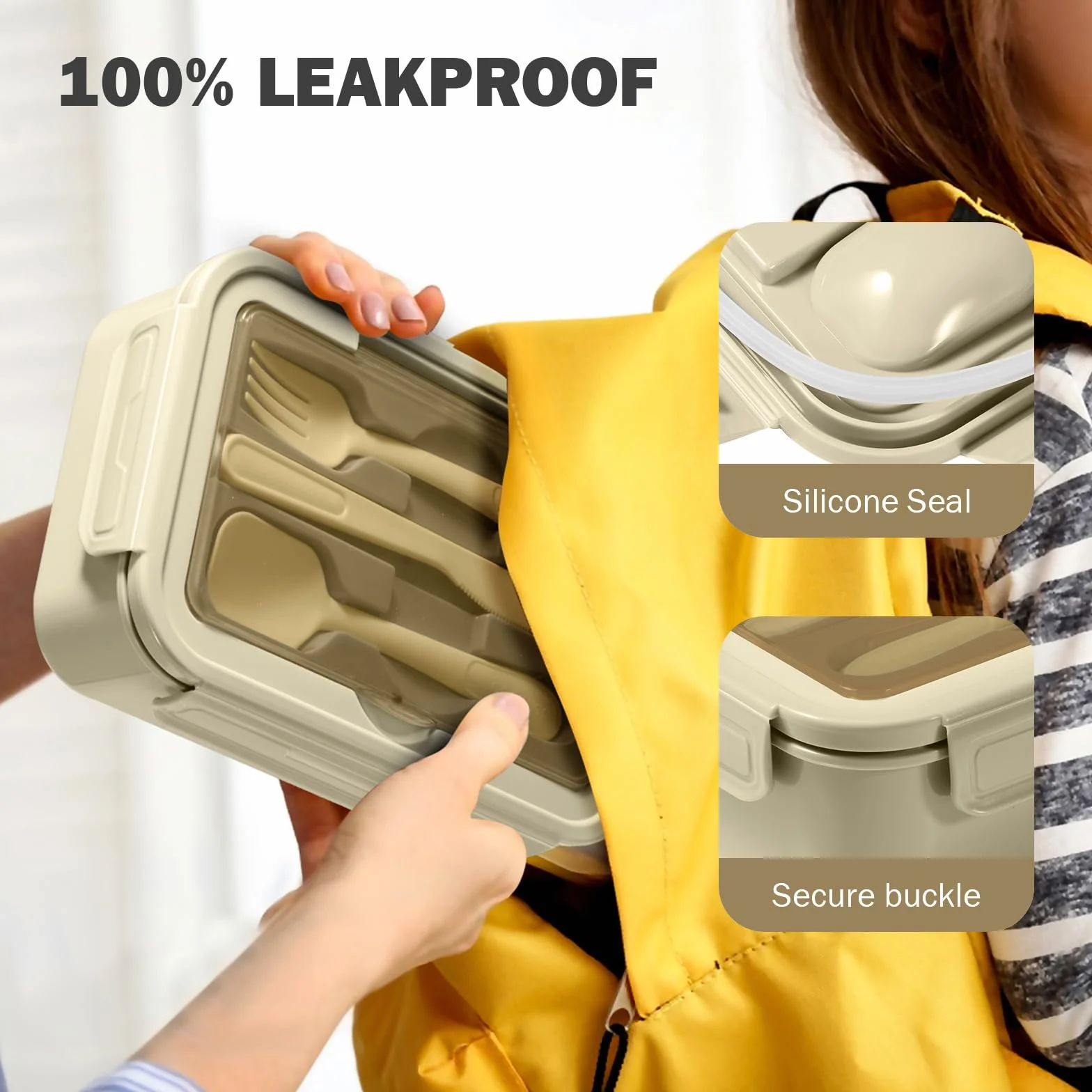 Diboniur Pudełko śniadaniowe, pudełko na lunch Bento dla dorosłych dzieci 1400 ml z 3 przegródkami, antyprzeciekające pudełko na lunch ze sztućcami, odpowiednie do kuchenki mikrofalowej, zmywarki,