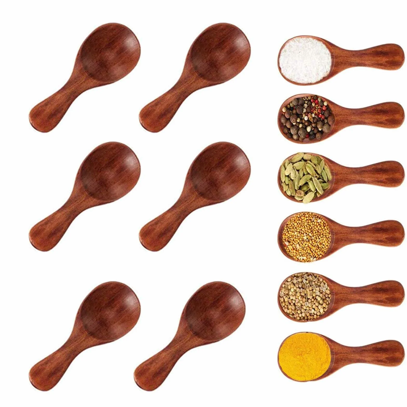 Dulau 6 sztuk mini łyżeczek drewnianych z krótką rączką, mała łyżka do soli do kąpieli, mała łyżka do małych słoików na dżemy, przypraw, cukru, kawy, herbaty, słodyczy.