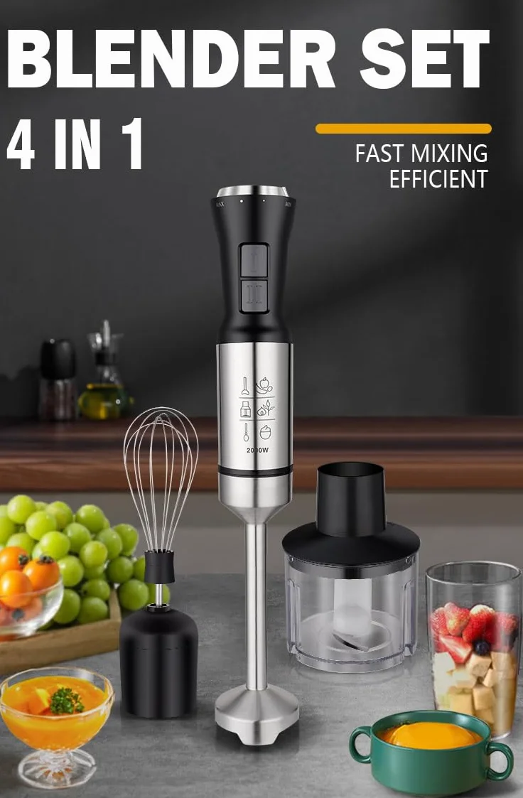 Ręczny blender 4 w 1, mocny blender emulsyjny ze stali nierdzewnej o mocy 1000 W, ręczny z 2-stopniową regulacją, zawiera miarkę, rozdrabniacz i trzepaczkę, idealny do miksowania zup i koktajli
