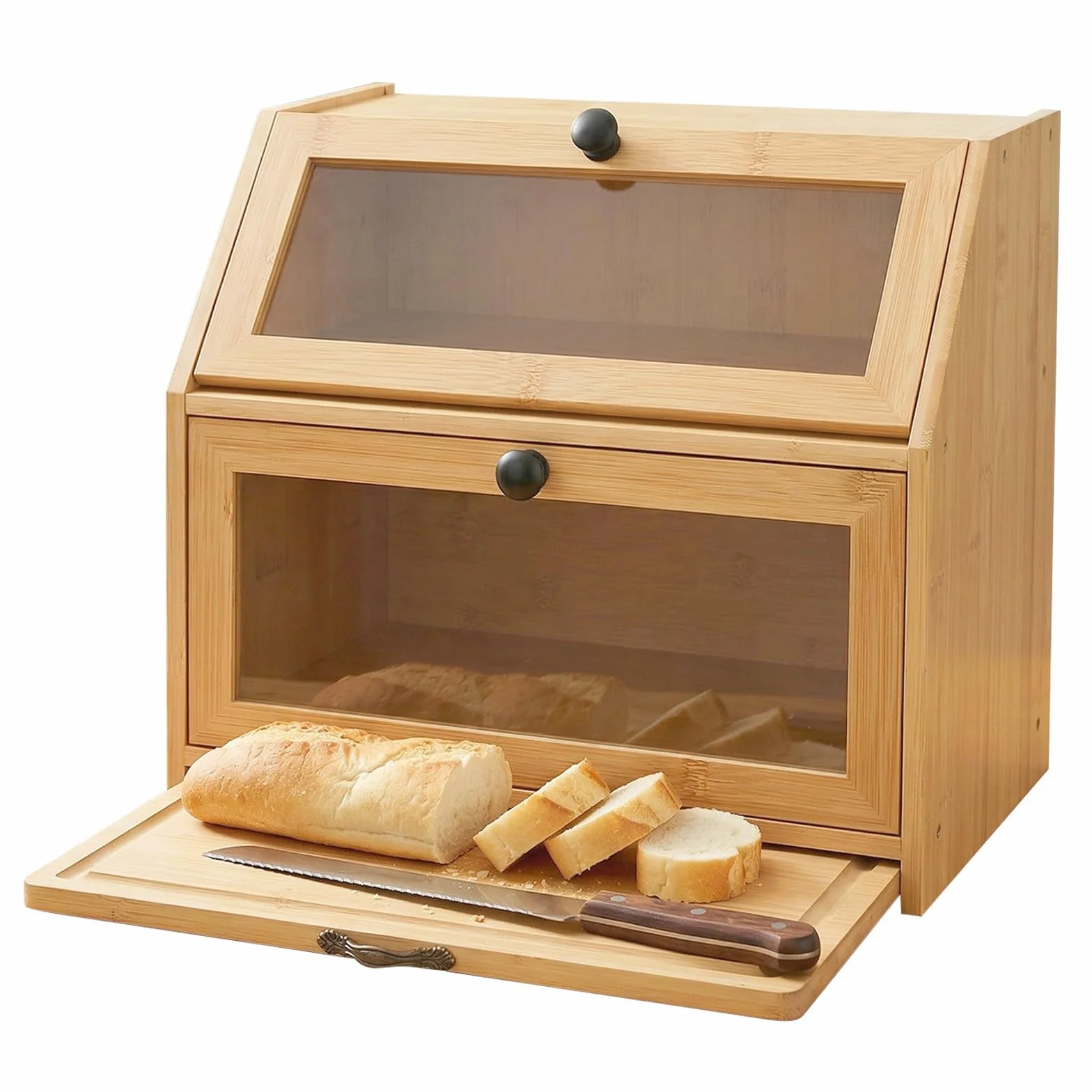 Bambusowy chlebak na chleb, 2 poziomy, organizer kuchenny, drewniany organizer z okienkiem i zamknięciem magnetycznym, pudełko do przechowywania, na tosty, 26 x 39 x 32,5 cm (kolor drewniany)