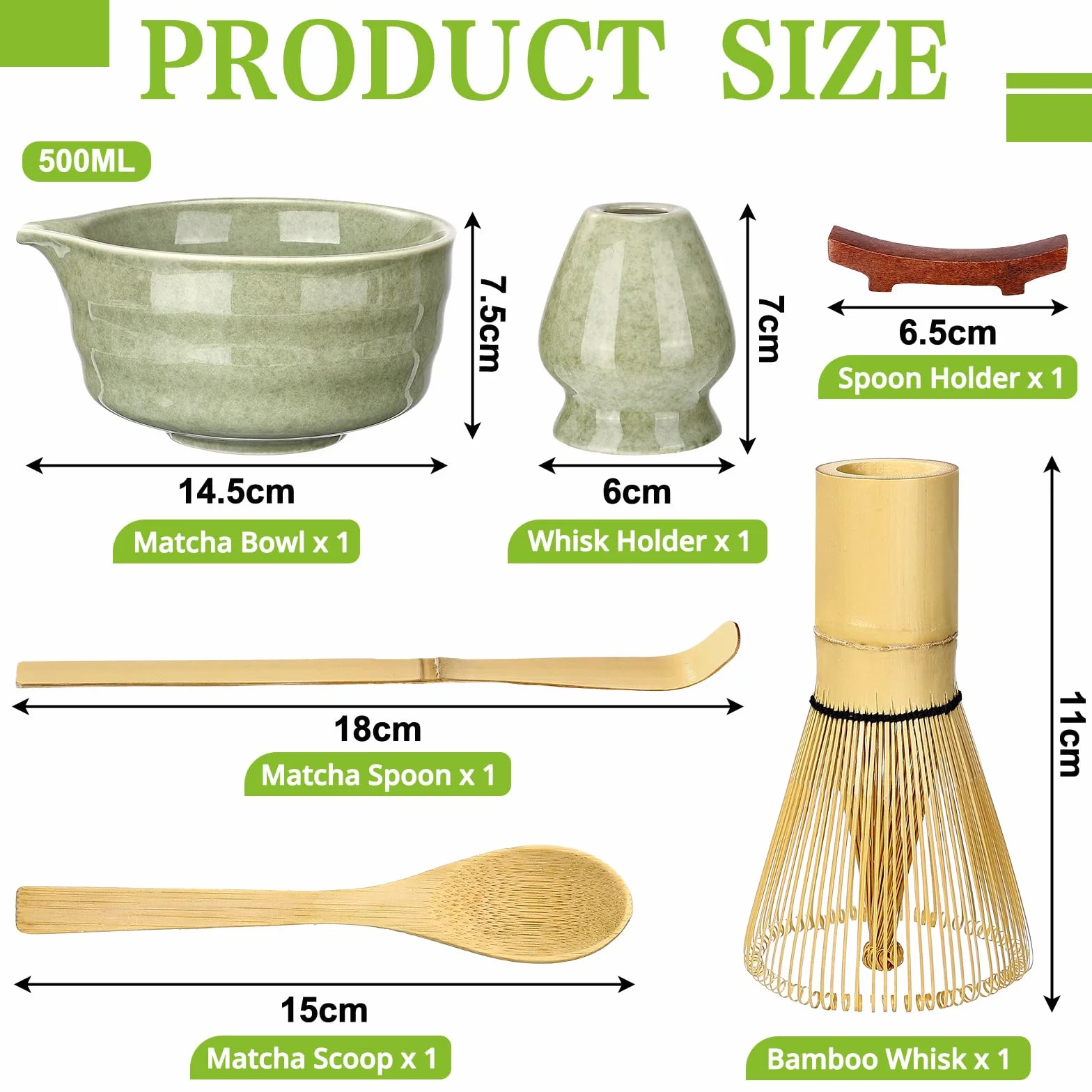 6-częściowy zestaw mioteł do matchy, miska do matchy z wylewką, uchwyt do whisky matcha, łyżka i uchwyt, japoński zestaw do herbaty matcha, akcesoria dla miłośników matchy (zielony)