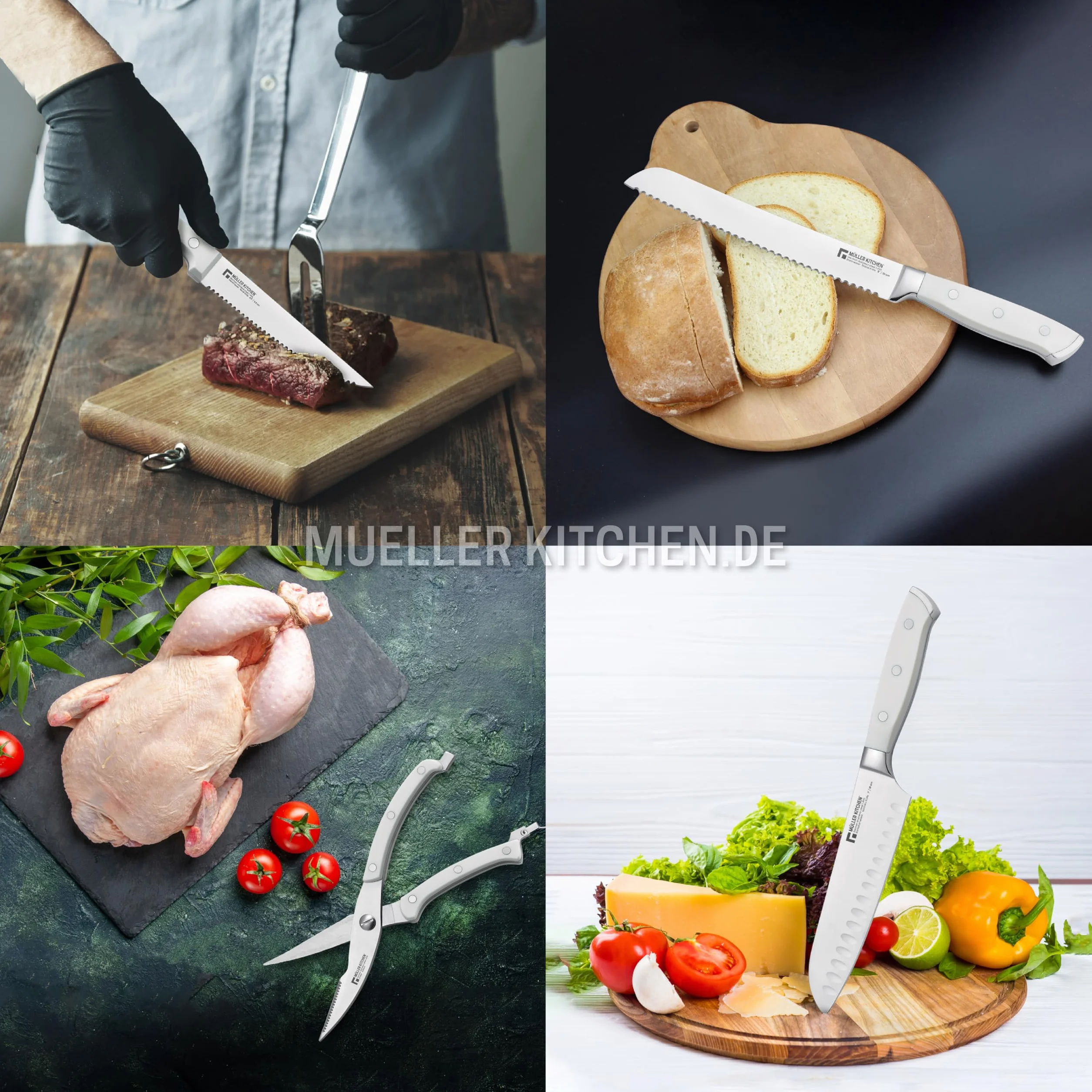 Muller Kitchen Zestaw noży (niemiecki INOX, antypoślizgowy kuty uchwyt, drewniany blok, ultra ostry i trwały) (15 sztuk - biały)