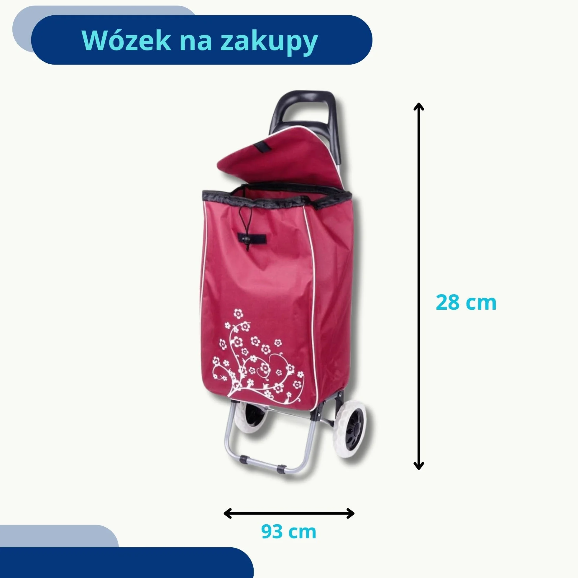 Wózek na zakupy, wózek na zakupy, torba na zakupy na kółkach, kolor czerwonego wina, 30 l, 25 kg