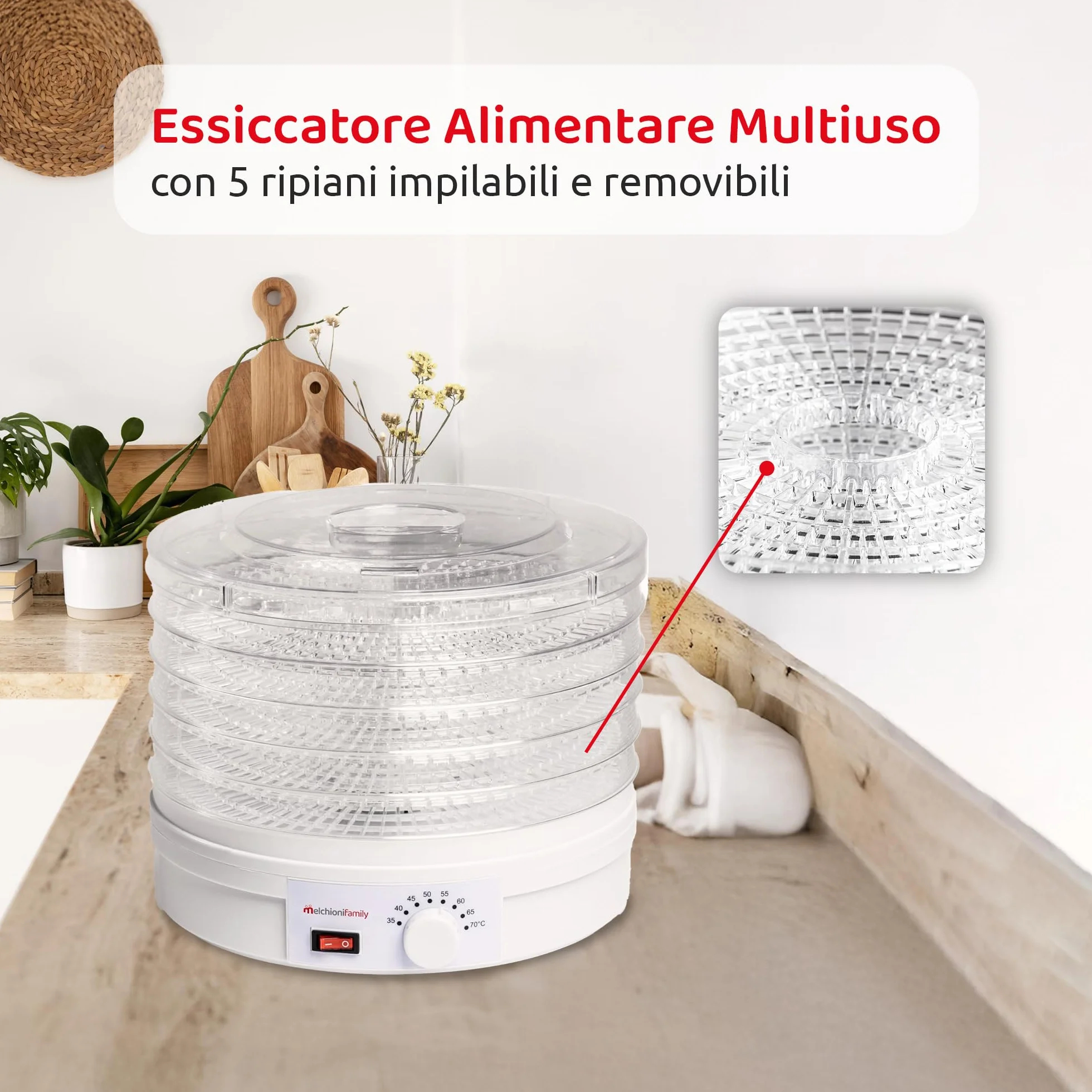 Melchioni family 4823800 Babele MELCHIONI suszarka elektryczna, 5 półek, 250 W, do urządzeń gospodarstwa domowego, plastik, biała