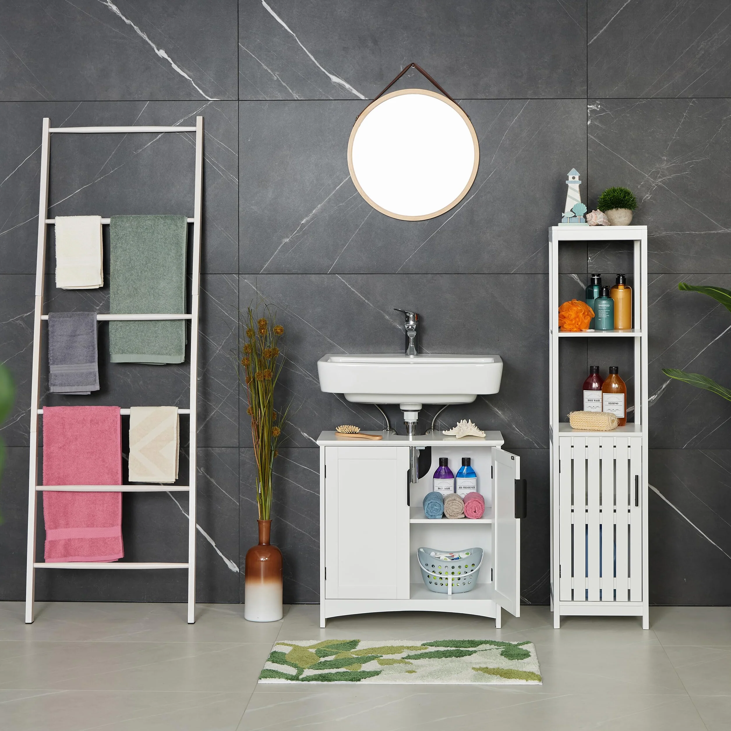 Relaxdays Szafka pod umywalkę, 2 drzwi, HWD: 60 x 60 x 30 cm, MDF, szafka łazienkowa, szafka pod umywalkę, biała, żelazko, płyta pilśniowa