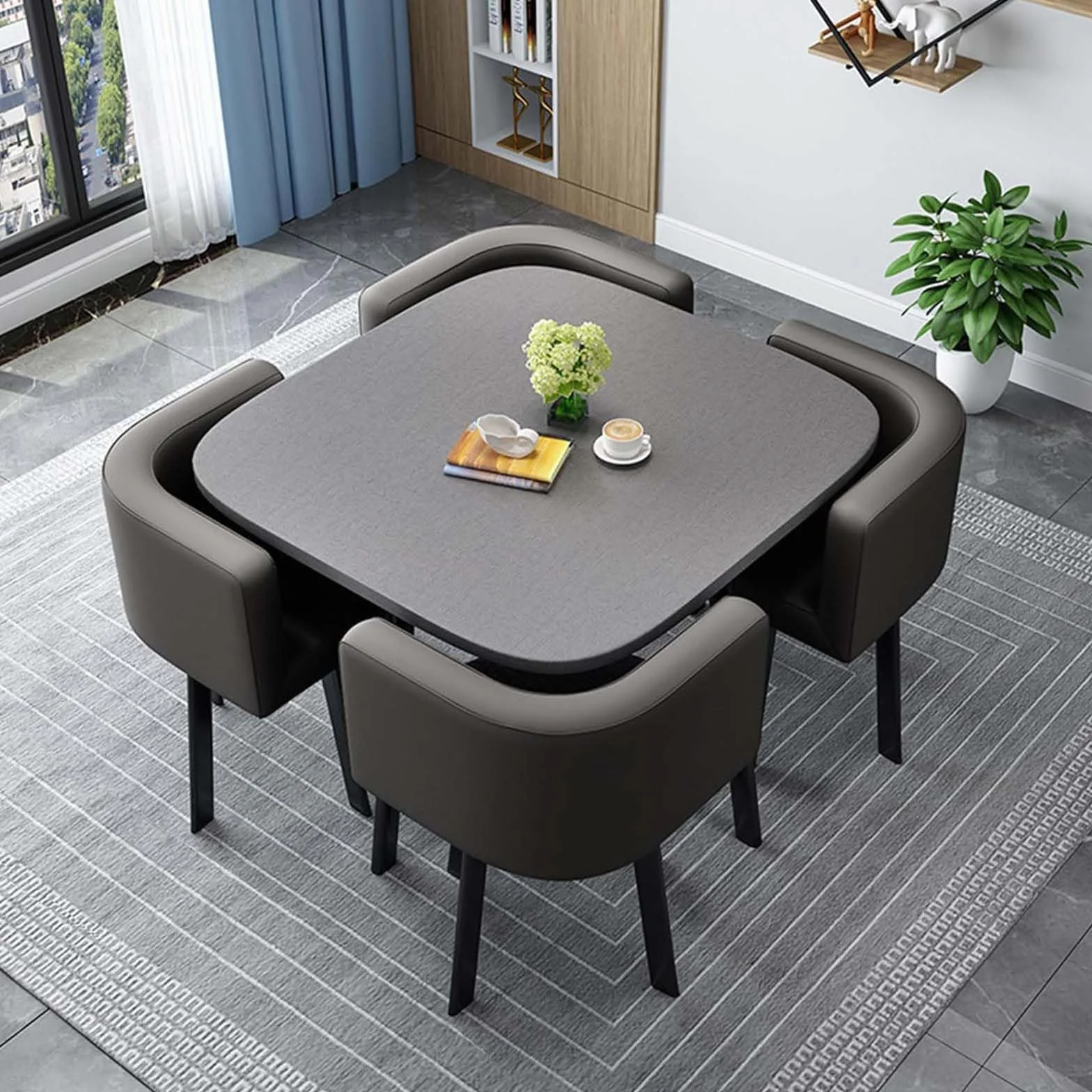 Okrągły kwadratowy stół do jadalni z 4 krzesłami – kompaktowy stół kuchenny do małych przestrzeni, na balkon, do jadalni, 80 cm, nowoczesny design, idealny na rodzinne posiłki i spotkania