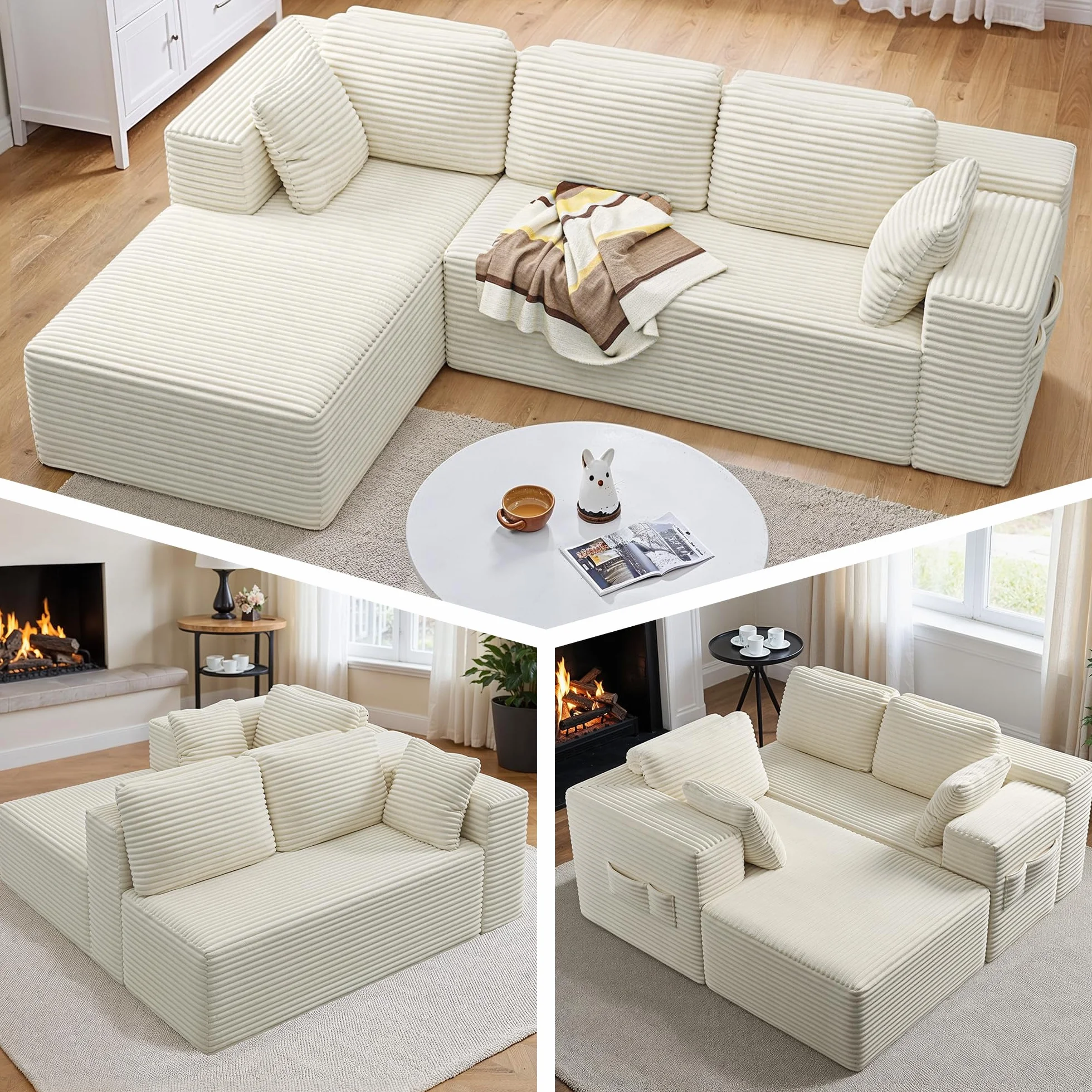 Xbro Sofa 3-osobowa w kształcie litery L z sztruksu, nowoczesna sofa do salonu z poduszkami i bocznymi kieszeniami, pianka 30D o wysokiej gęstości, 250 x 160 x 62 cm, Beżowa