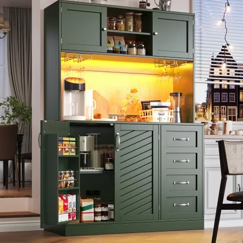 vutizal Szafka bufetowa z oświetleniem LED – 4 drzwi, 2 szuflady, regał na przekąski i szafka kuchenna z płyty MDF, 120 x 40 x 188 cm, zielona konstrukcja z blatem roboczym