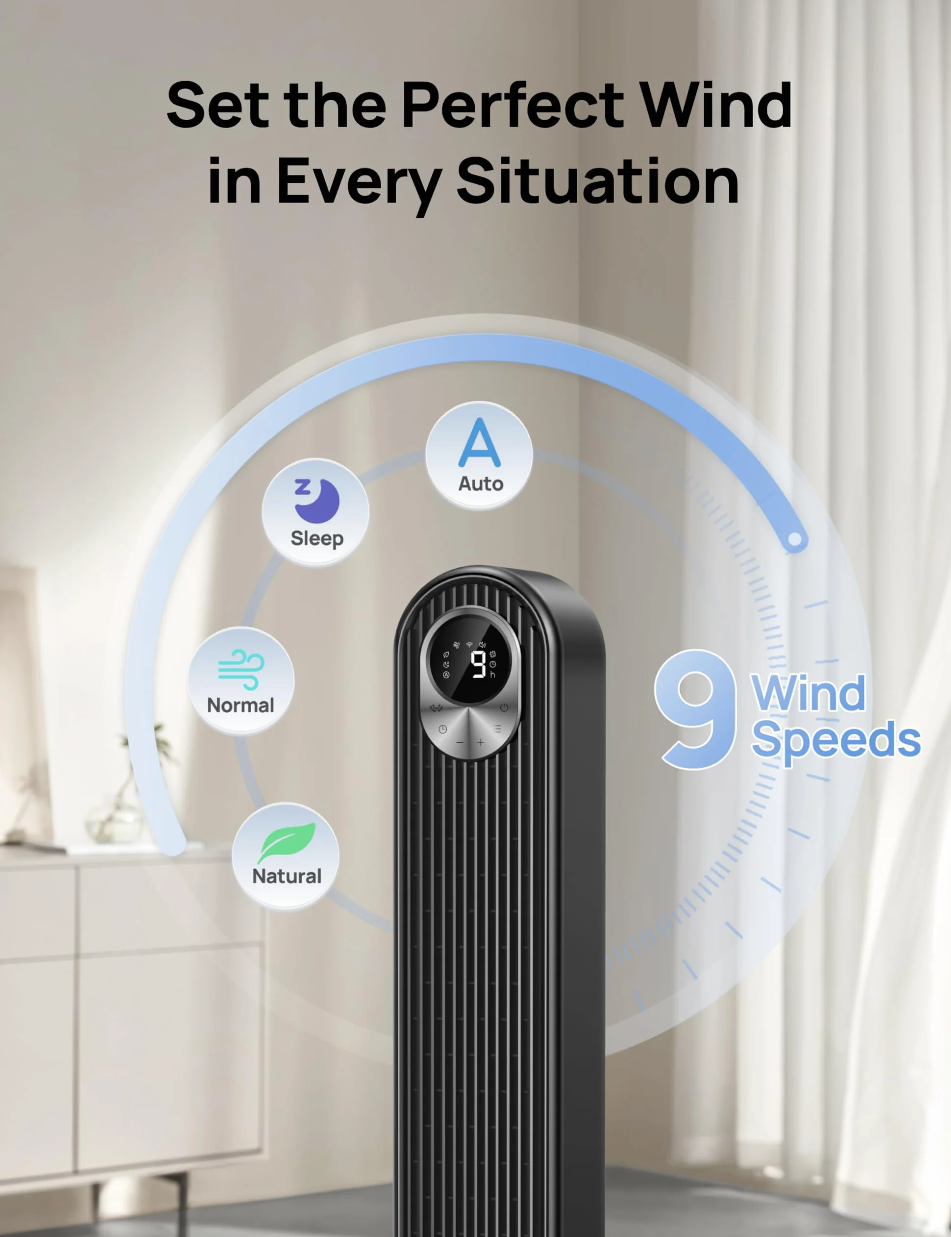 Dreo Smart wentylator kolumnowy z WiFi, sterowanie głosem, współpracuje z Alexa, sterowanie za pomocą aplikacji, cichy wentylator oscylacyjny 90°, 6 ustawień prędkości, 4 tryby, timer 12-godzinny