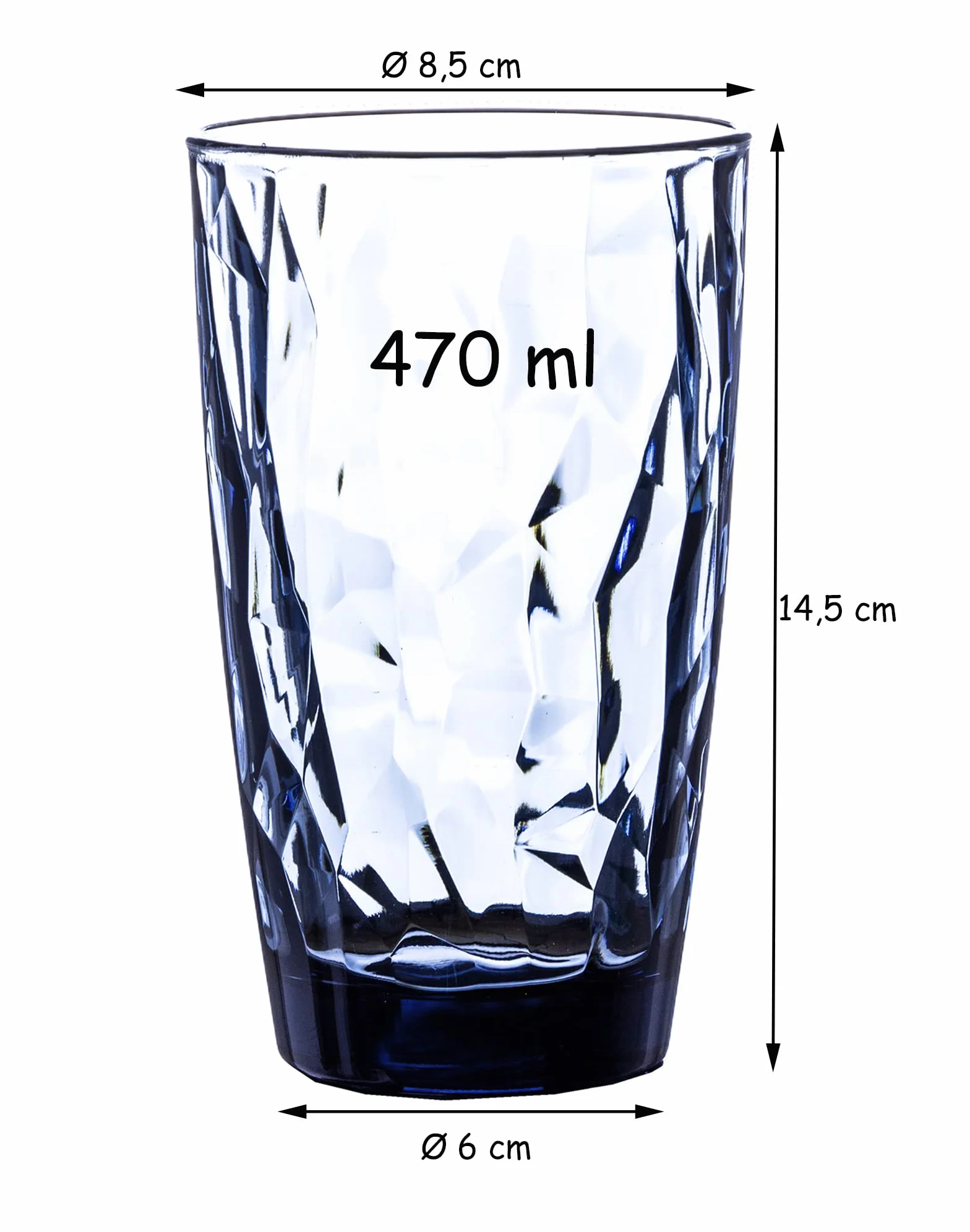 Bormioli Rocco Zestaw 6 Diamentowych Szklanek do Wody, 470 ml, Przezroczyste, Niebieskie, Fioletowe (2 na Kolor), Nadaje się do Mycia w Zmywarce, Duże Szklanki na Sok