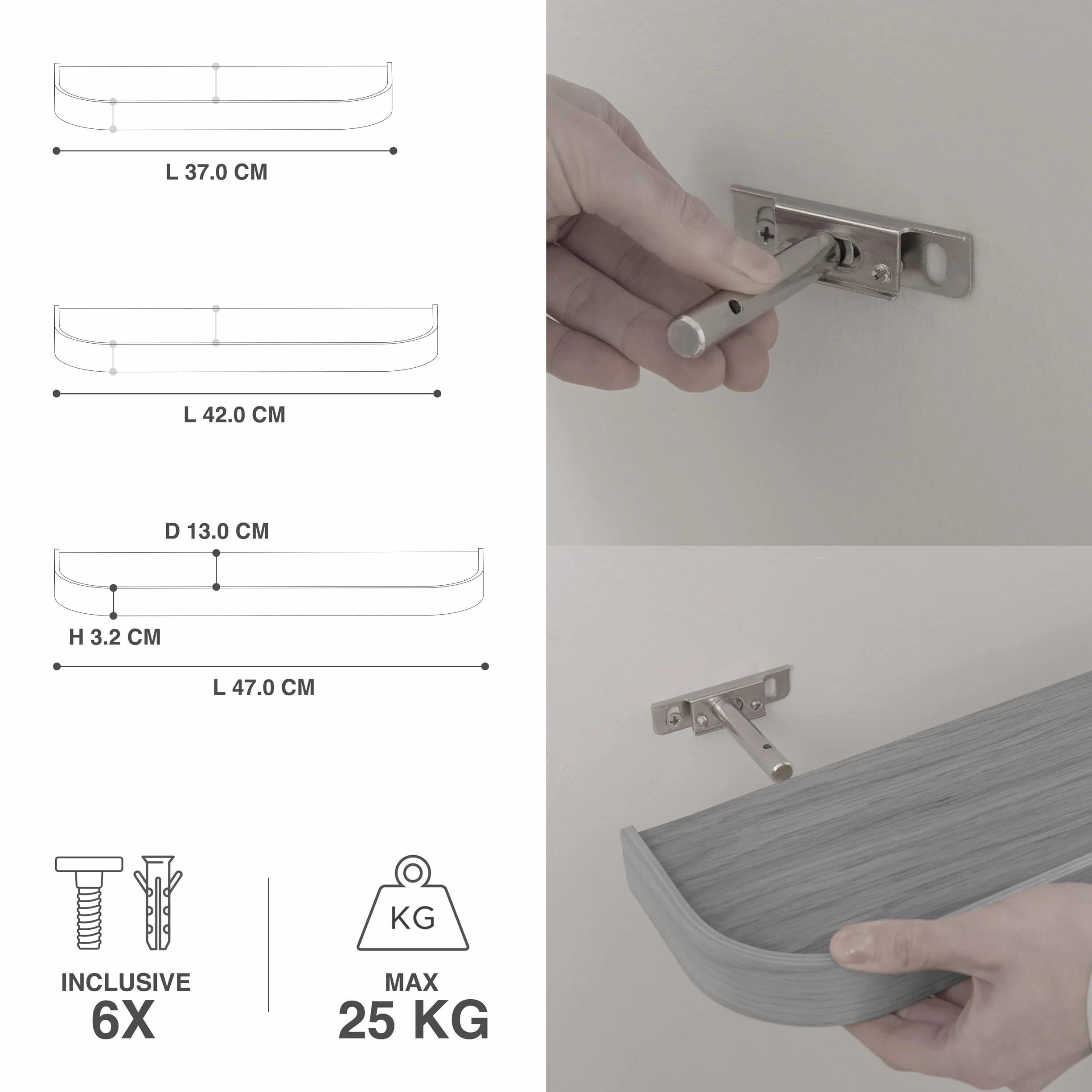KAZAI.® Zestaw półek ściennych 'Toke' | 3 wiszące z forniru z litego drewna | Lekkie drewniane jako dekoracja i miejsce do przechowywania do łazienki, salonu, kuchni, sypialni | Dąb, czarny